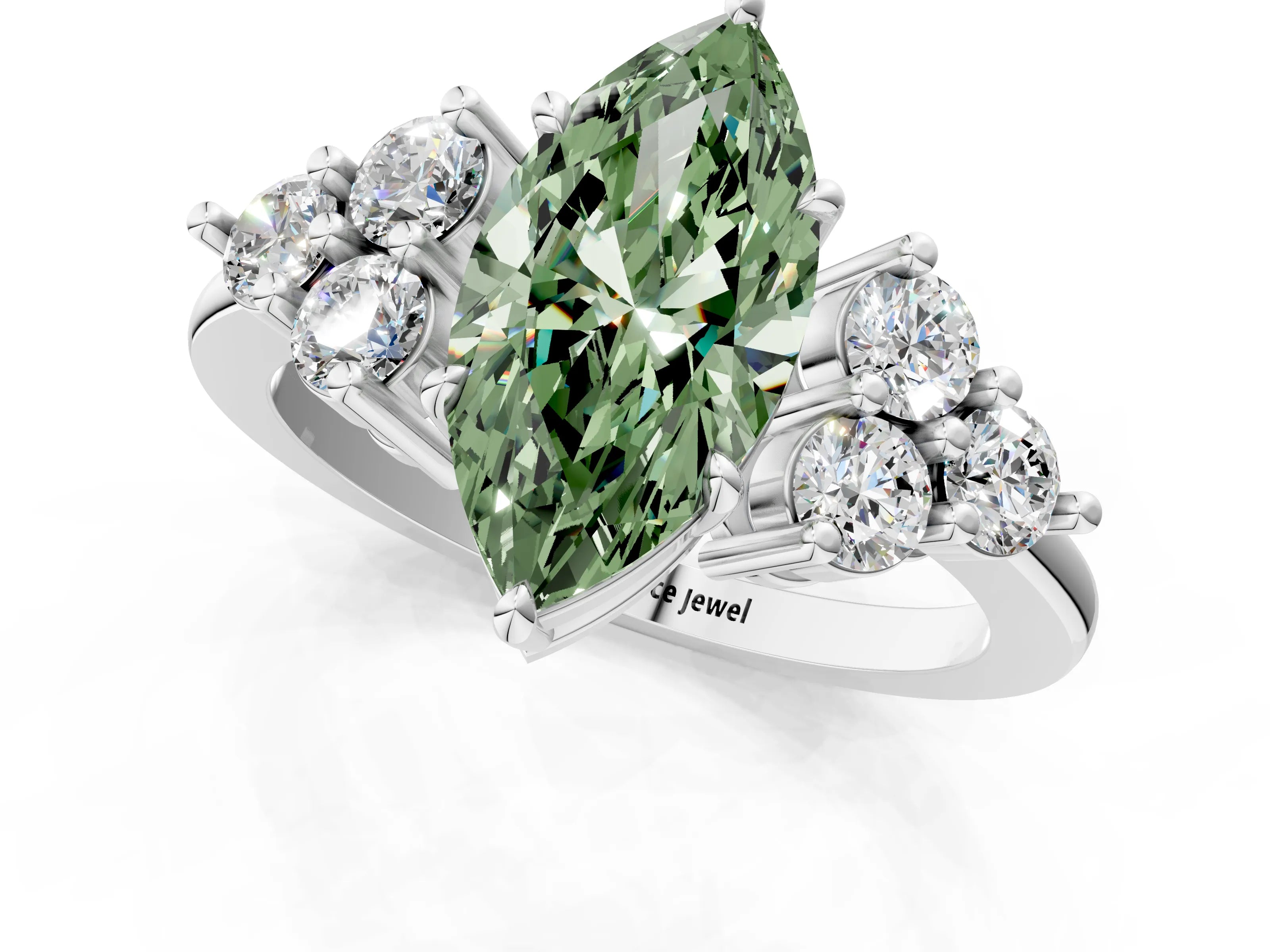 White gold Fancy Green Marquise Cut Brilliant Diamond Cluster Accent Solitaire Ring with Prong Setting_1