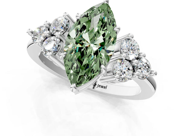 Platinum Fancy Green Marquise Cut Brilliant Diamond Cluster Accent Solitaire Ring with Prong Setting