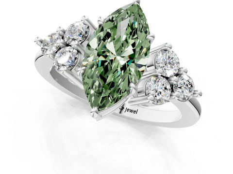 White gold Fancy Green Marquise Cut Brilliant Diamond Cluster Accent Solitaire Ring with Prong Setting_29
