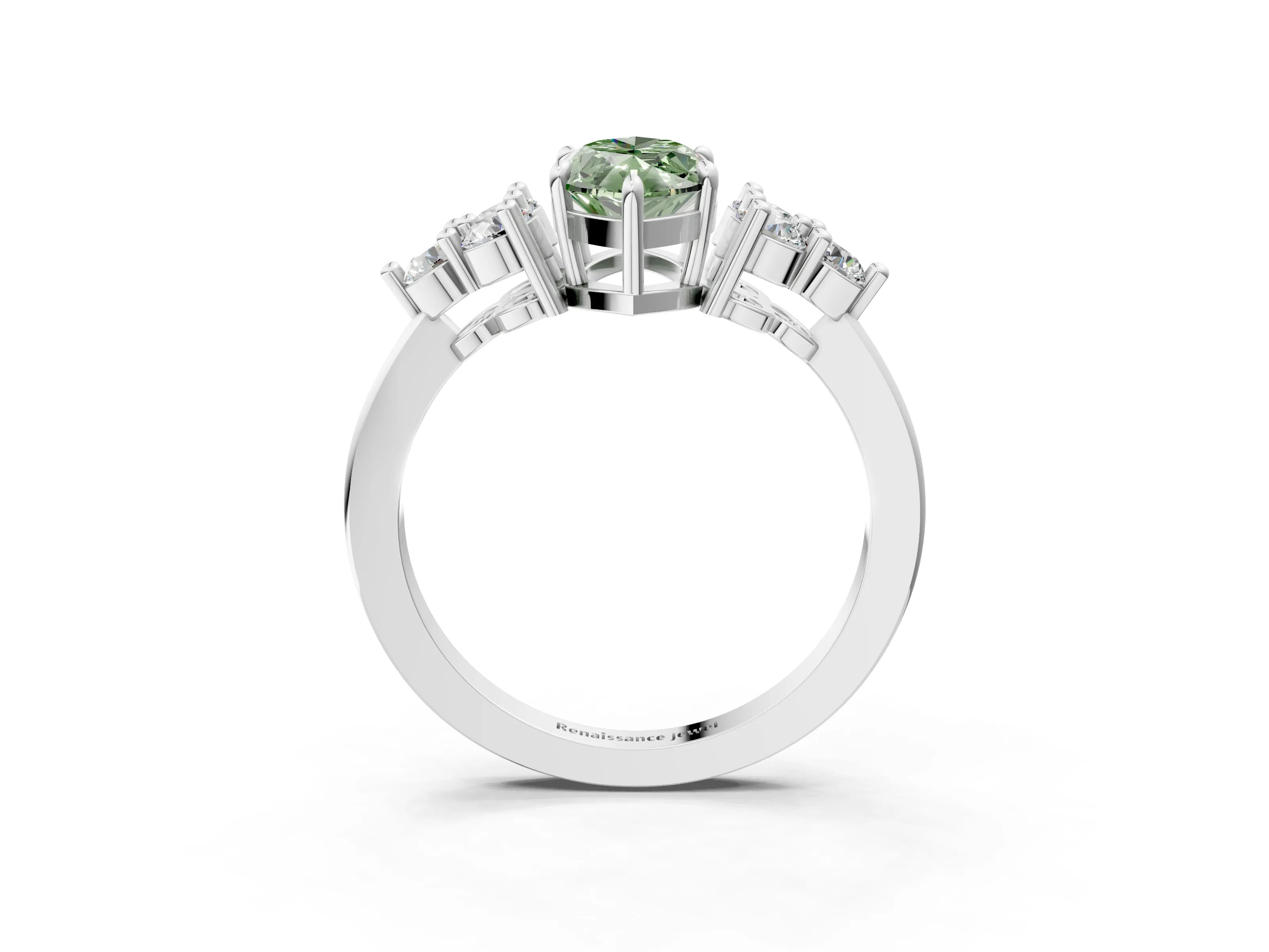 White gold Fancy Green Marquise Cut Brilliant Diamond Cluster Accent Solitaire Ring with Prong Setting_3