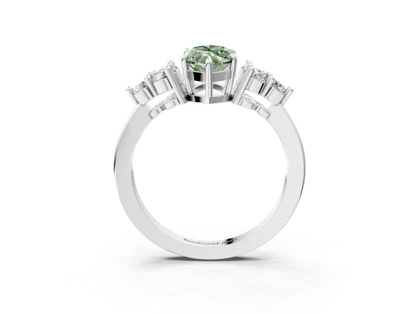 Platinum Fancy Green Marquise Cut Brilliant Diamond Cluster Accent Solitaire Ring with Prong Setting