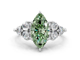 White gold Fancy Green Marquise Cut Brilliant Diamond Cluster Accent Solitaire Ring with Prong Setting