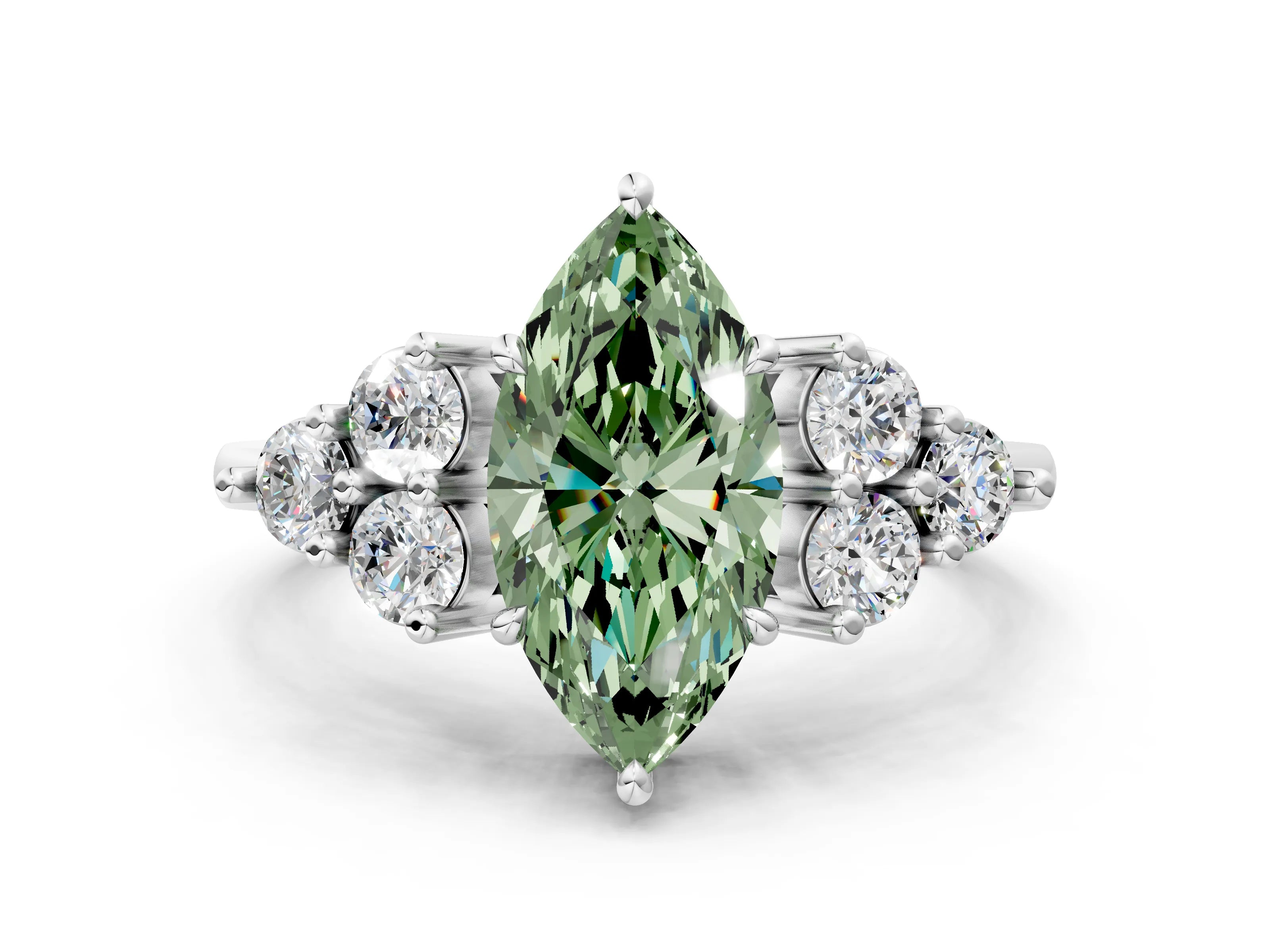 White gold Fancy Green Marquise Cut Brilliant Diamond Cluster Accent Solitaire Ring with Prong Setting
