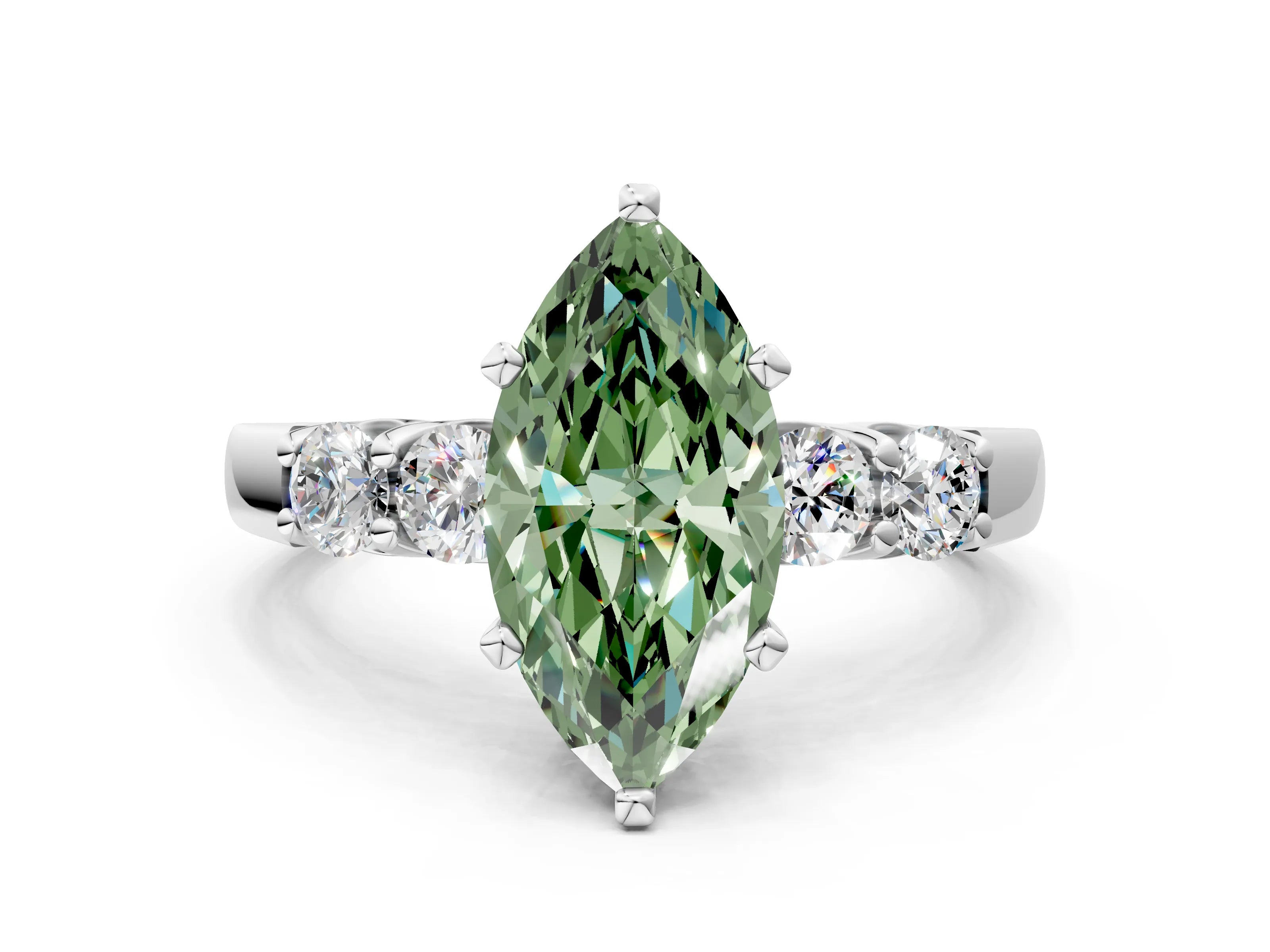 White gold Fancy Green Marquise Cut Brilliant Diamond Five-Stone Engagement Ring with Prong Setting on a Classic Band_3