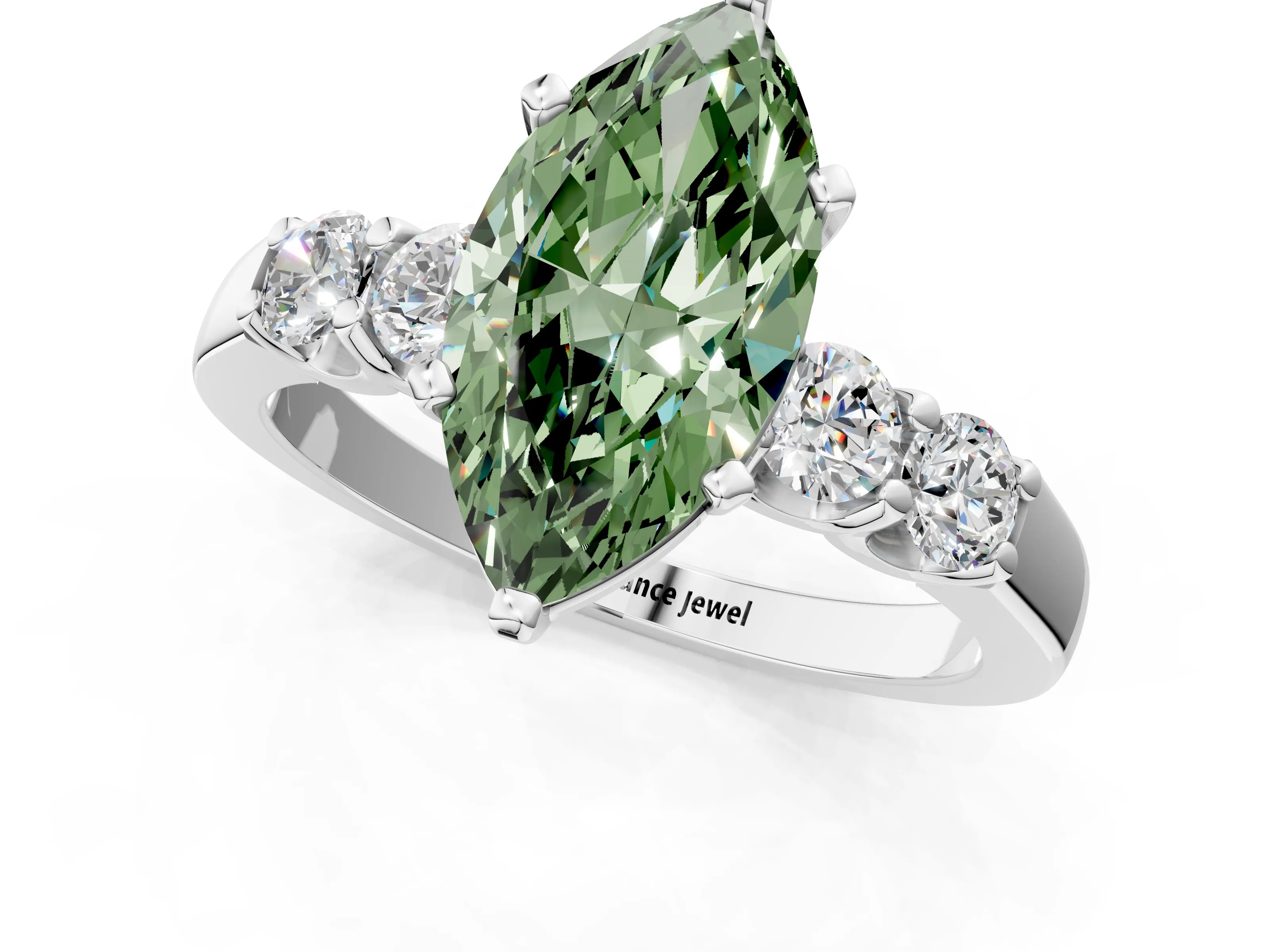 White gold Fancy Green Marquise Cut Brilliant Diamond Five-Stone Engagement Ring with Prong Setting on a Classic Band_4