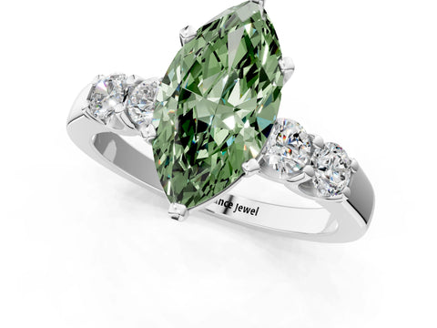 White gold Fancy Green Marquise Cut Brilliant Diamond Five-Stone Engagement Ring with Prong Setting on a Classic Band_4