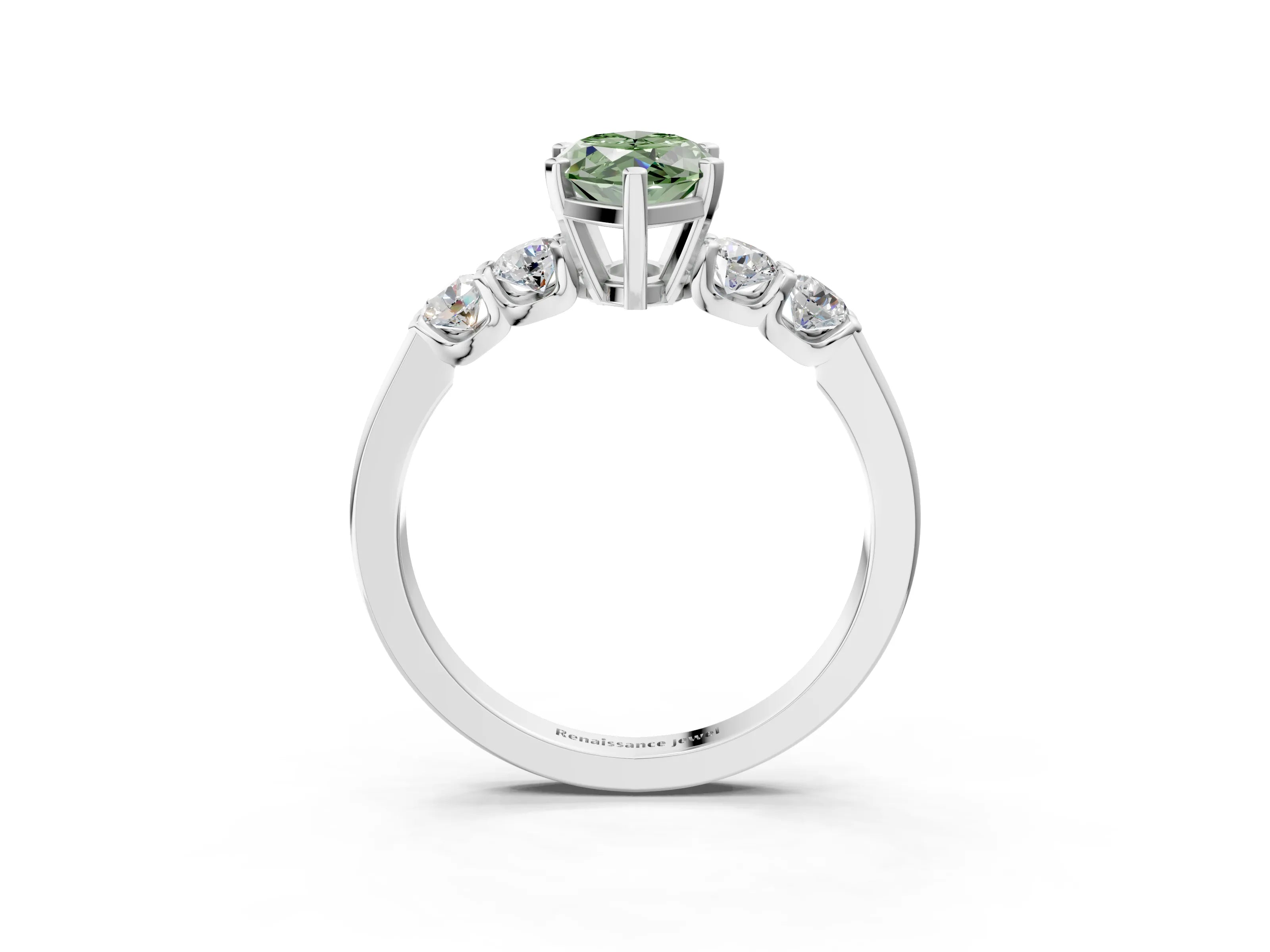 White gold Fancy Green Marquise Cut Brilliant Diamond Five-Stone Engagement Ring with Prong Setting on a Classic Band_6