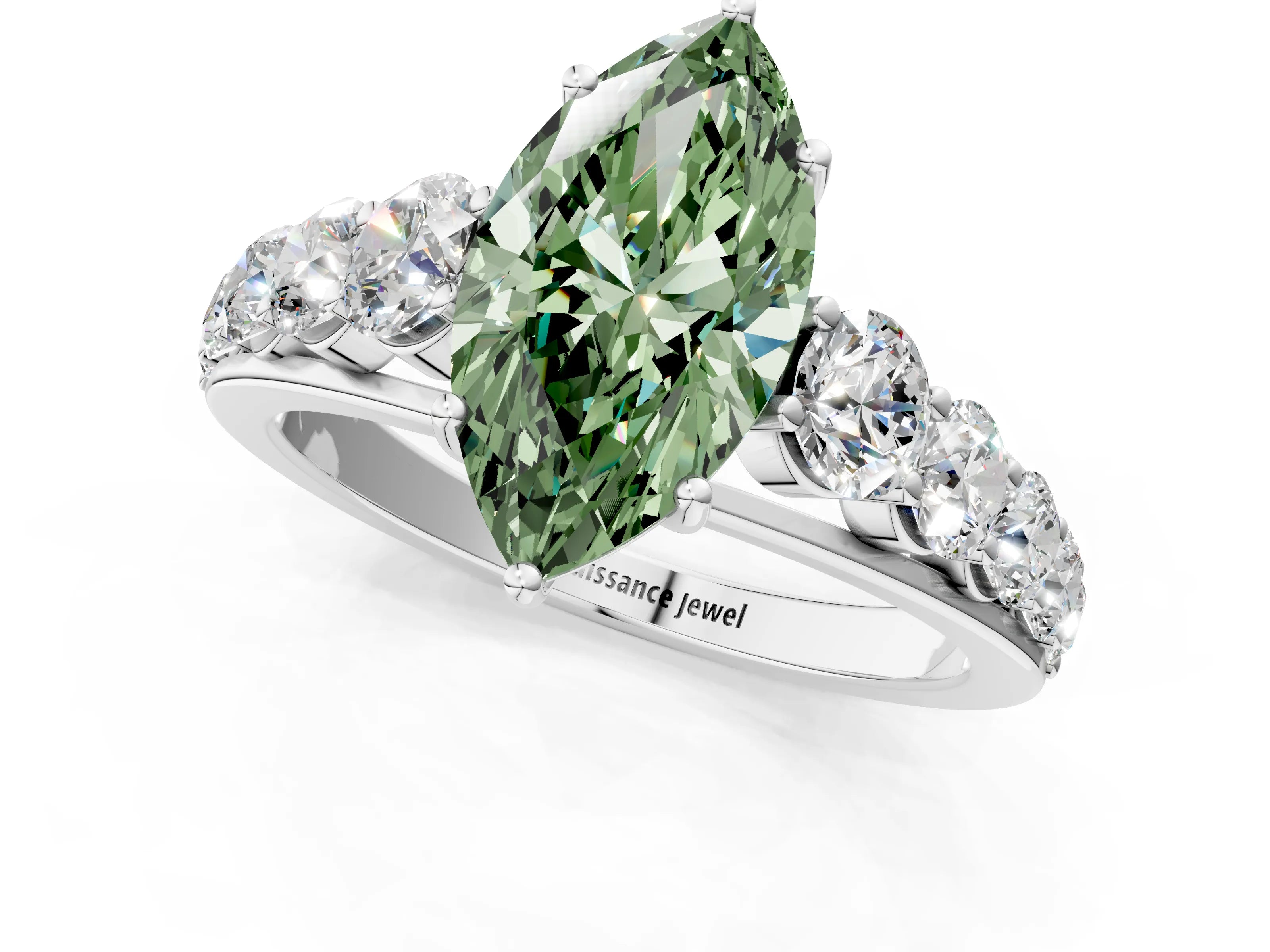 White gold Fancy Green Marquise Cut Brilliant Diamond Pavé Band with Six-Prong Setting_1