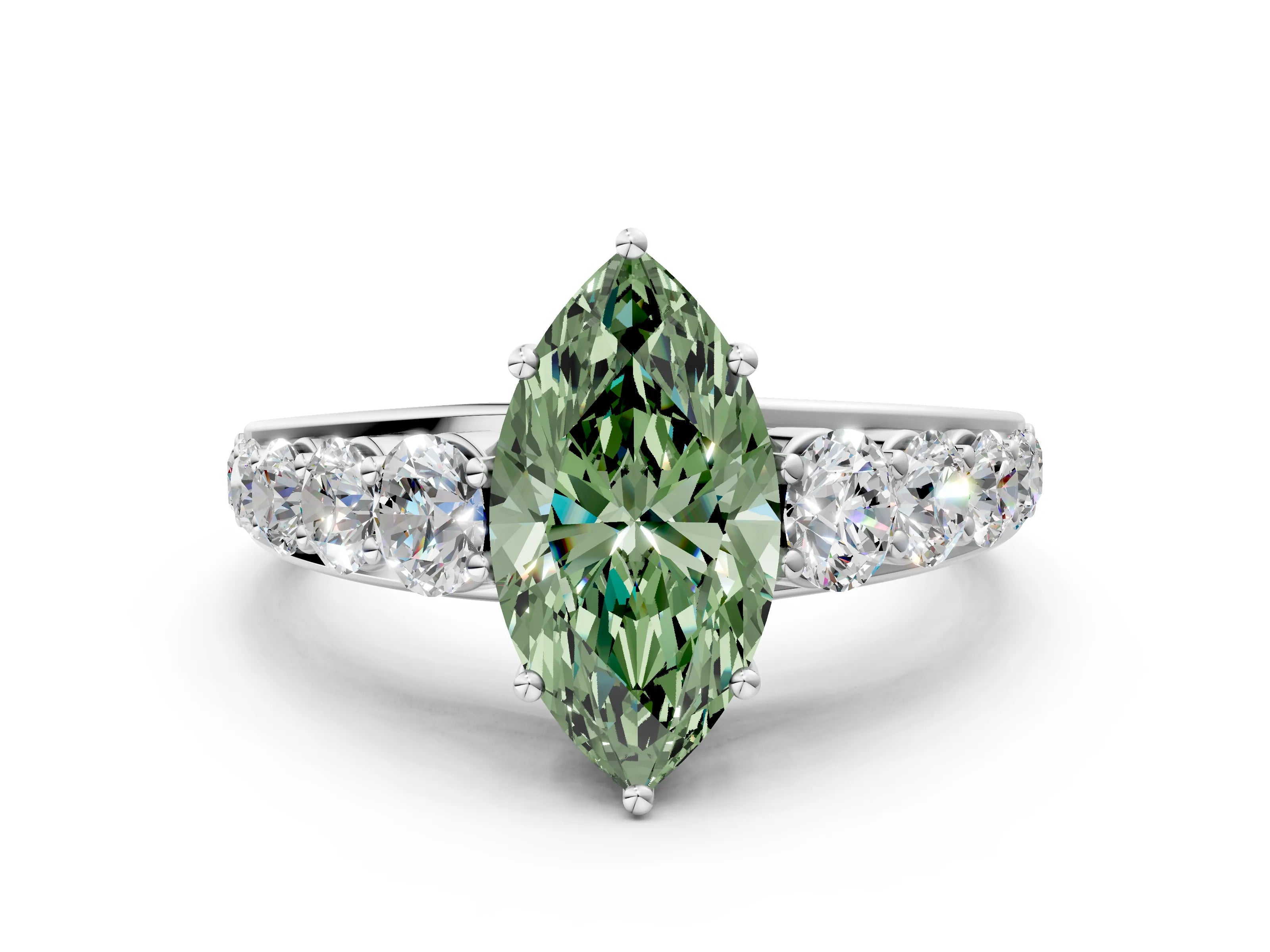 White gold Fancy Green Marquise Cut Brilliant Diamond Pavé Band with Six-Prong Setting