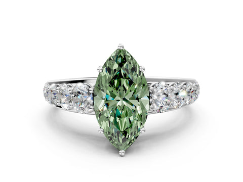 White gold Fancy Green Marquise Cut Brilliant Diamond Pavé Band with Six-Prong Setting