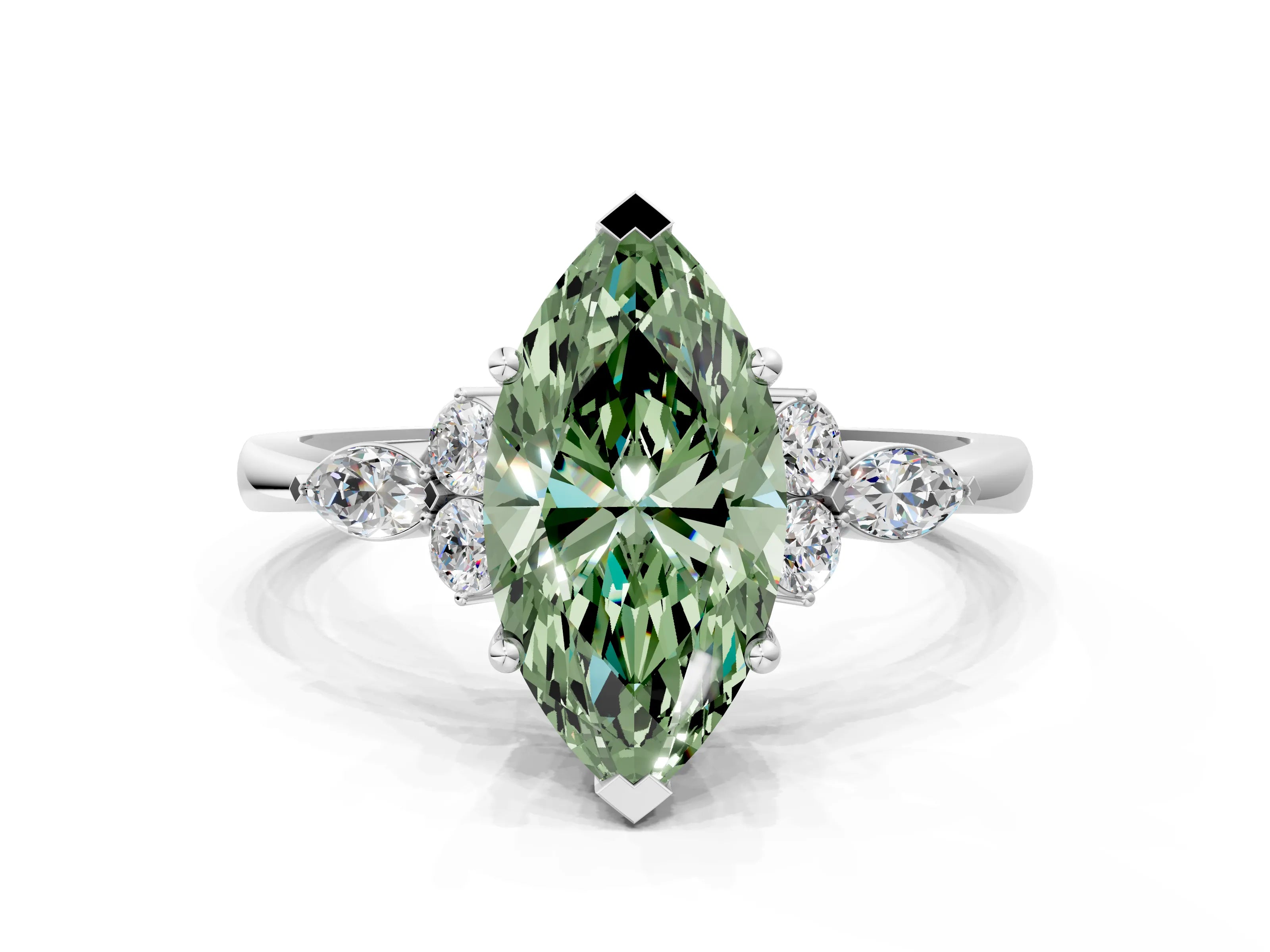 White gold Fancy Green Marquise Cut Brilliant Diamond Solitaire Ring with Pear Side Stones and Four-Prong Setting_6