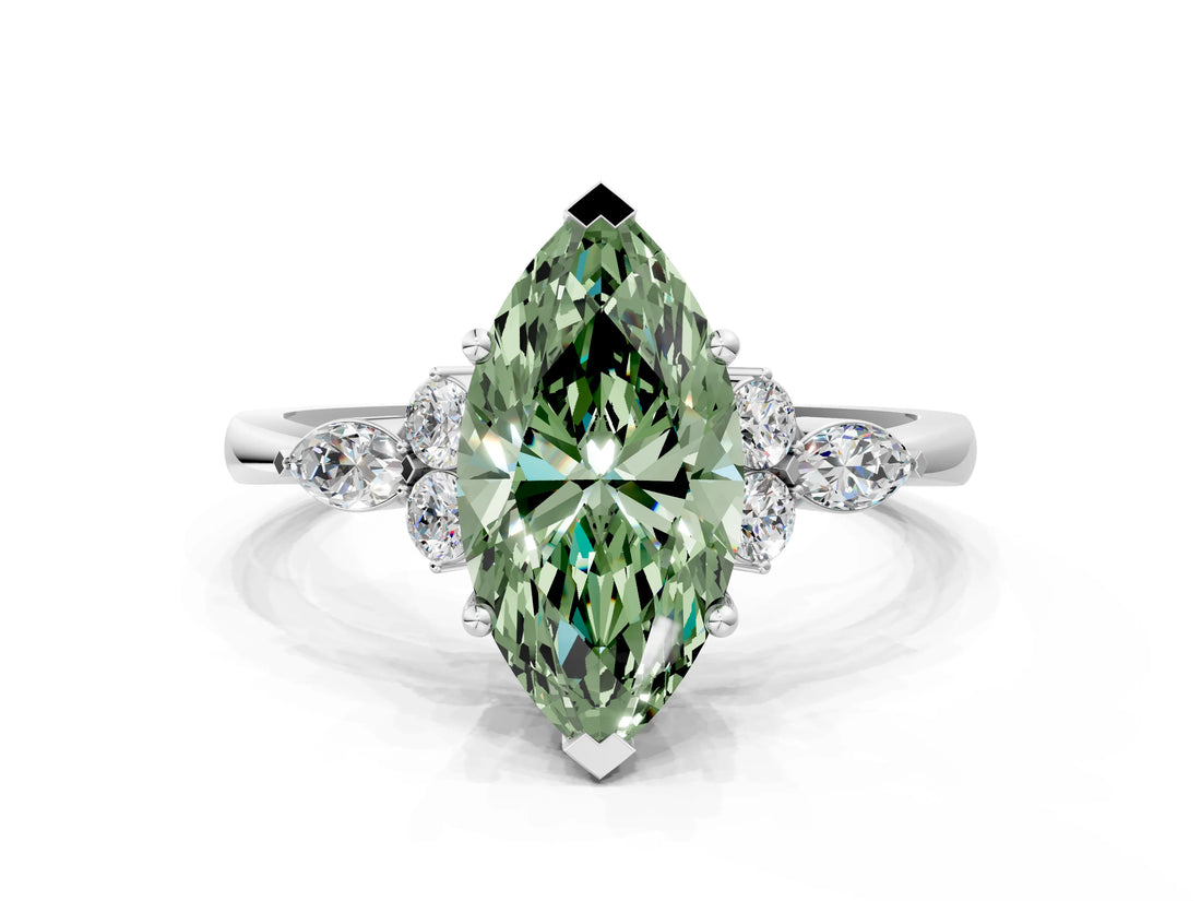 White gold Fancy Green Marquise Cut Brilliant Diamond Solitaire Ring with Pear Side Stones and Four-Prong Setting_6
