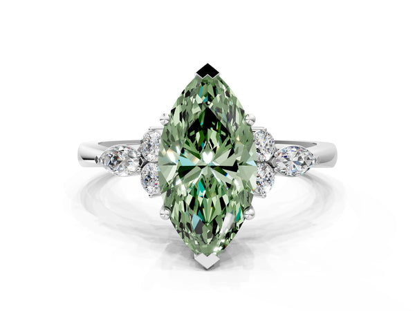 White gold Fancy Green Marquise Cut Brilliant Diamond Solitaire Ring with Pear Side Stones and Four-Prong Setting
