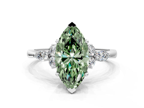 White gold Fancy Green Marquise Cut Brilliant Diamond Solitaire Ring with Pear Side Stones and Four-Prong Setting_6