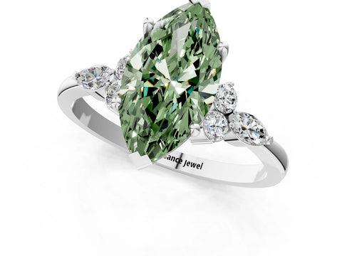 White gold Fancy Green Marquise Cut Brilliant Diamond Solitaire Ring with Pear Side Stones and Four-Prong Setting_7