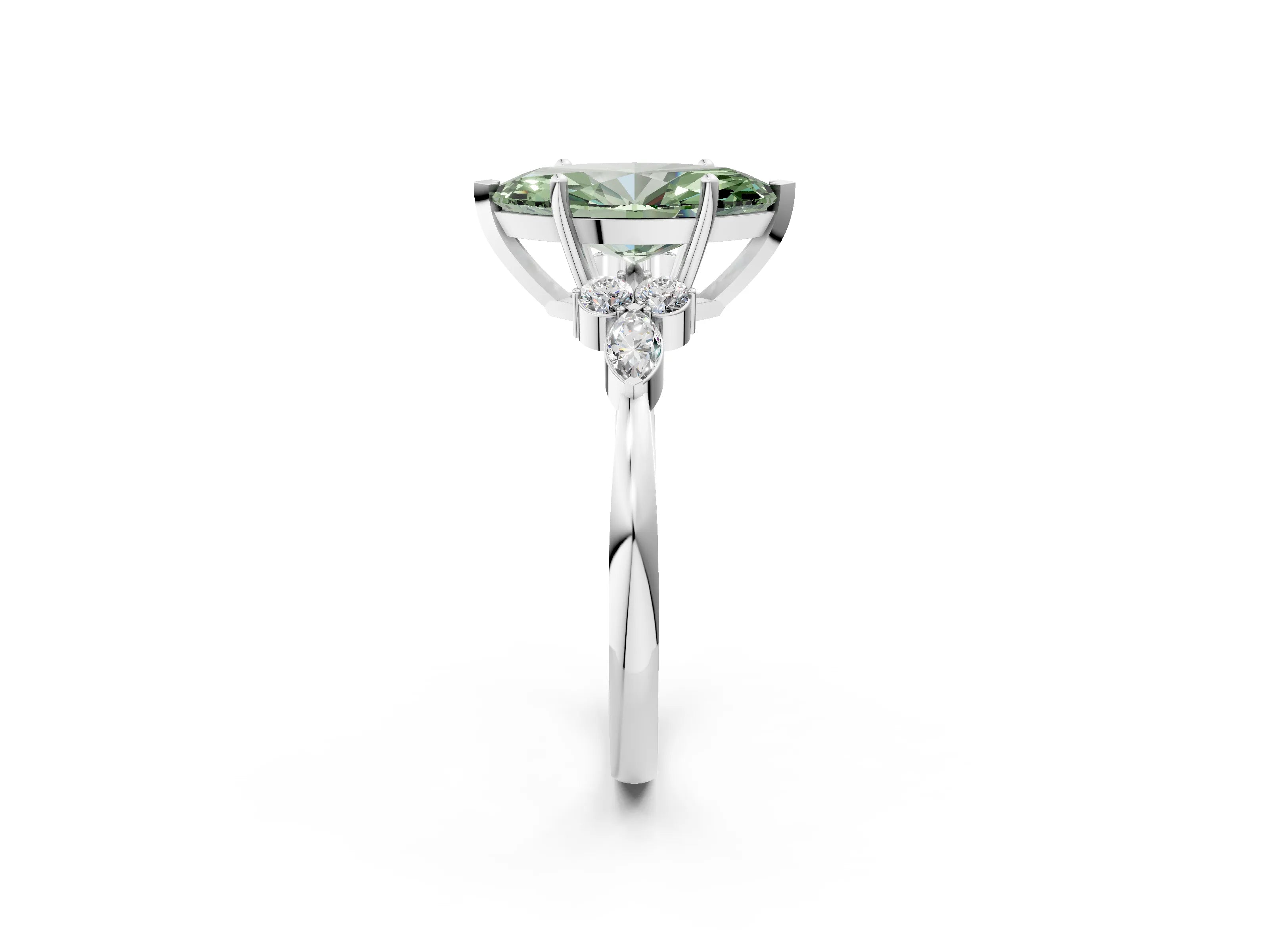 White gold Fancy Green Marquise Cut Brilliant Diamond Solitaire Ring with Pear Side Stones and Four-Prong Setting_8