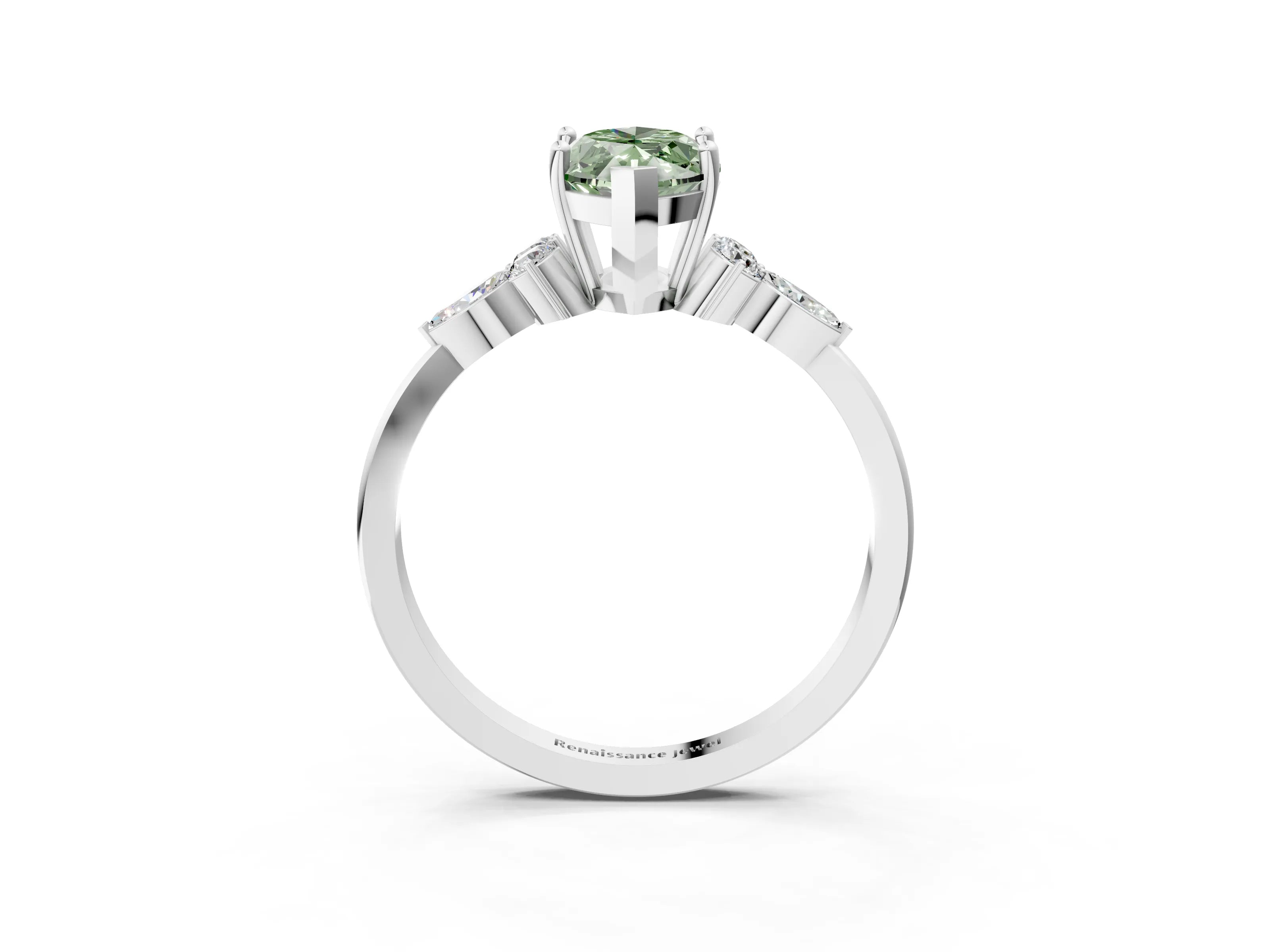 White gold Fancy Green Marquise Cut Brilliant Diamond Solitaire Ring with Pear Side Stones and Four-Prong Setting_9
