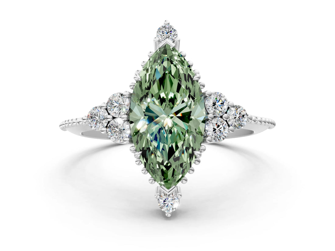 White gold Fancy Green Marquise Cut Brilliant Diamond with Cluster Setting on a Beaded Band and Four-Prong Setting_12