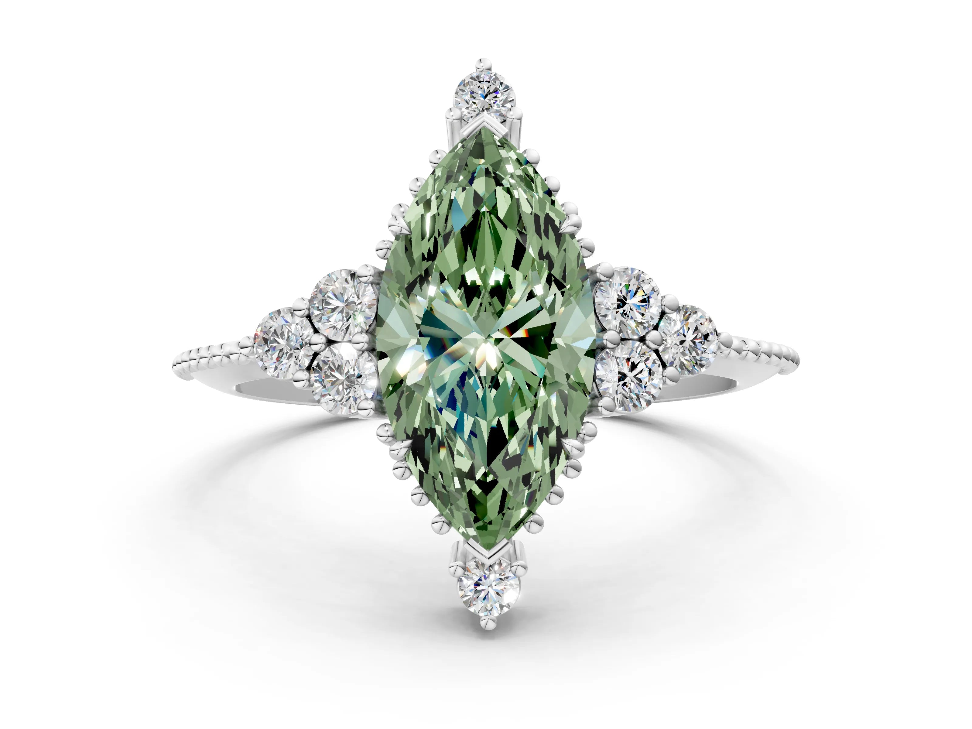 White gold Fancy Green Marquise Cut Brilliant Diamond with Cluster Setting on a Beaded Band and Four-Prong Setting_12