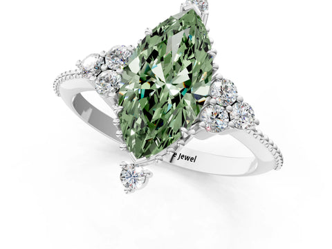 White gold Fancy Green Marquise Cut Brilliant Diamond with Cluster Setting on a Beaded Band and Four-Prong Setting_13