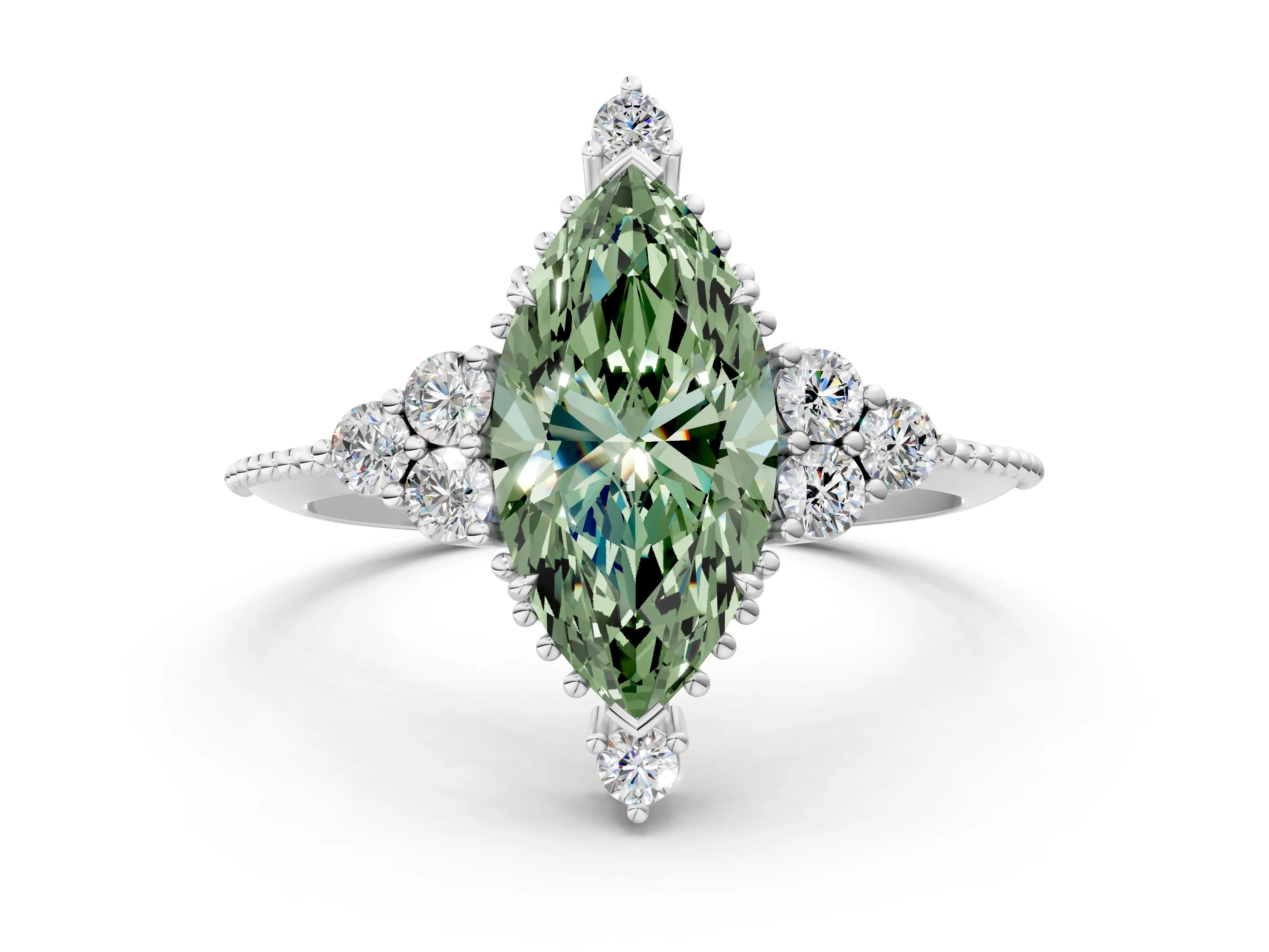 White gold Fancy Green Marquise Cut Brilliant Diamond with Cluster Setting on a Beaded Band and Four-Prong Setting