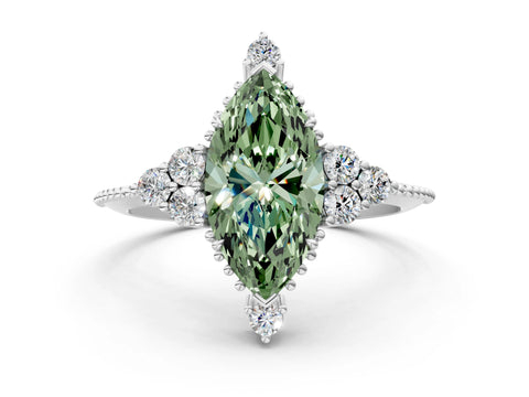White gold Fancy Green Marquise Cut Brilliant Diamond with Cluster Setting on a Beaded Band and Four-Prong Setting