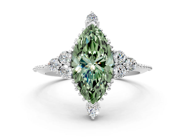 White Gold Marquise Vintage Cluster Engagement Ring Setting for Fancy Green Center with Beaded Band