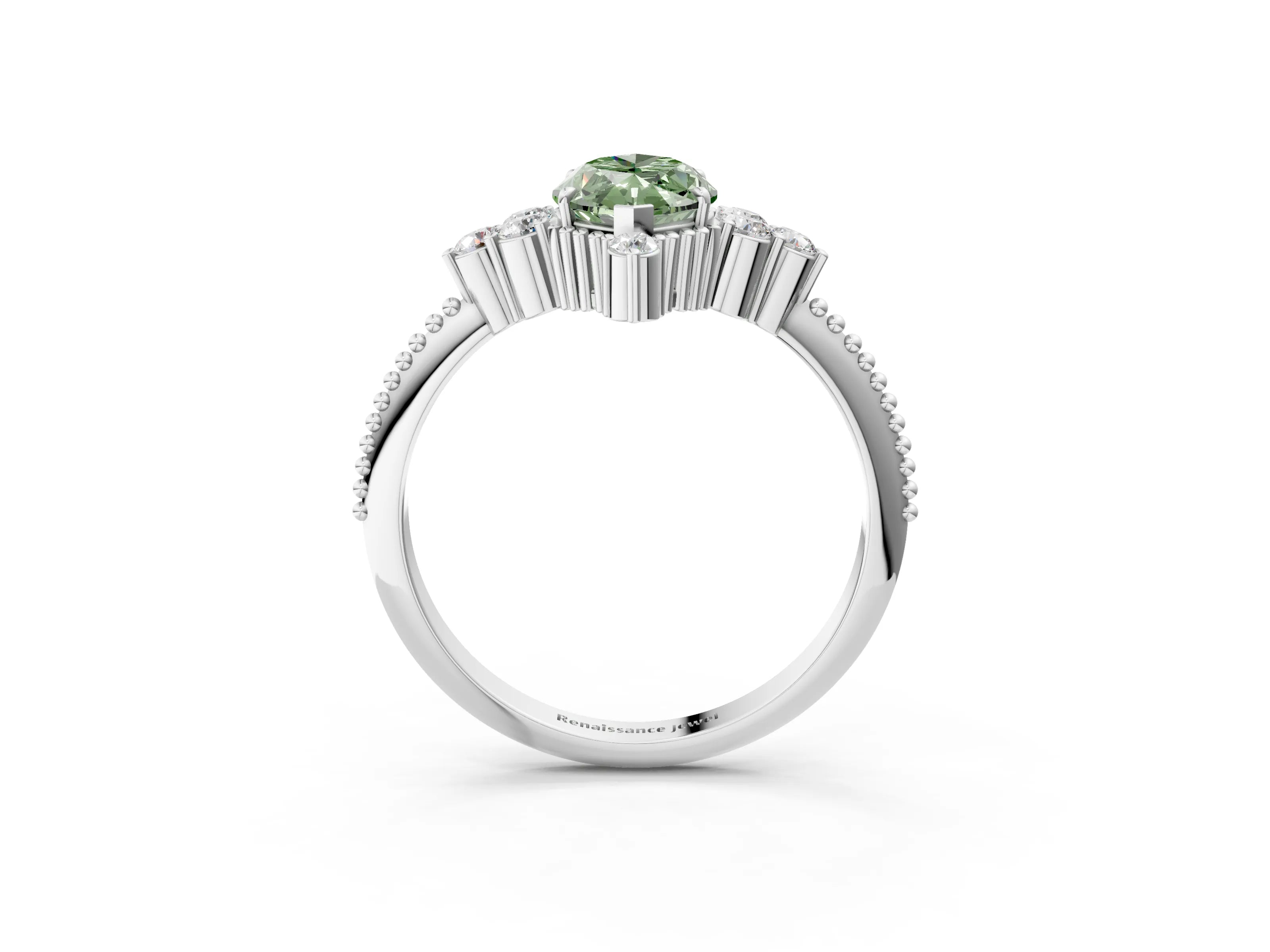 White gold Fancy Green Marquise Cut Brilliant Diamond with Cluster Setting on a Beaded Band and Four-Prong Setting_3