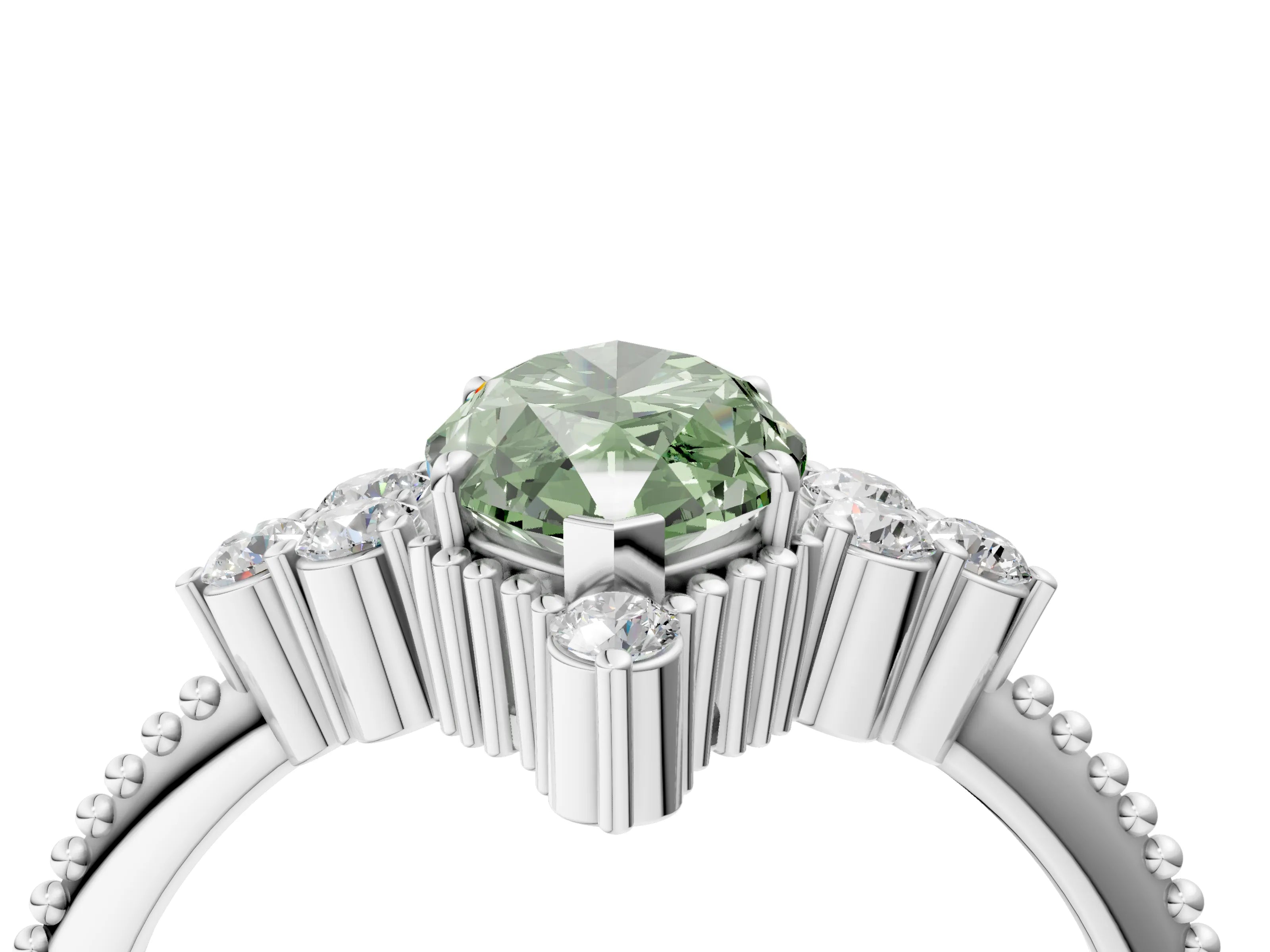 White gold Fancy Green Marquise Cut Brilliant Diamond with Cluster Setting on a Beaded Band and Four-Prong Setting_4
