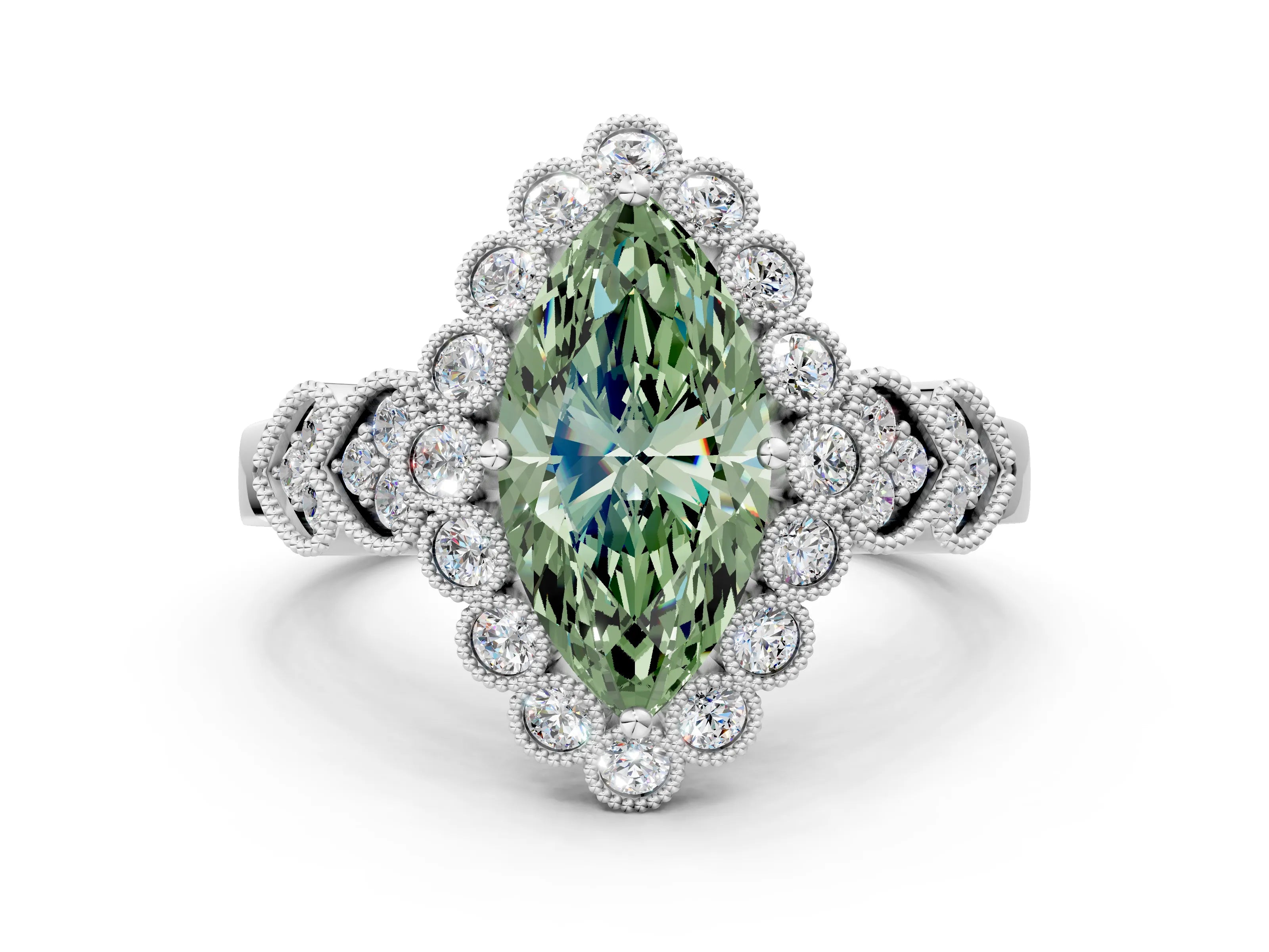 White gold Fancy Green Marquise Cut Brilliant Milgrain Pave Heart Band Solitaire Ring_12