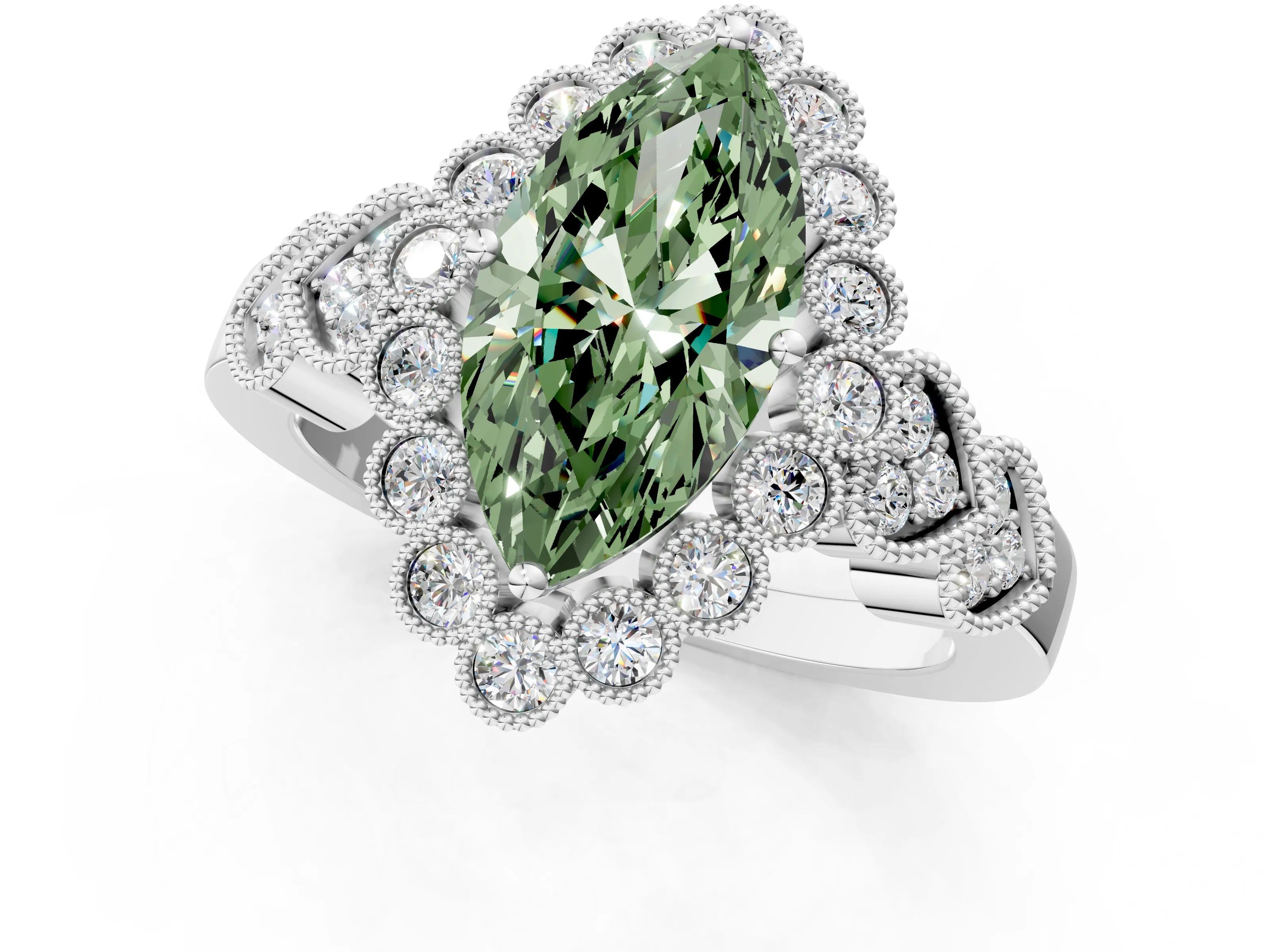 White gold Fancy Green Marquise Cut Brilliant Milgrain Pave Heart Band Solitaire Ring_13