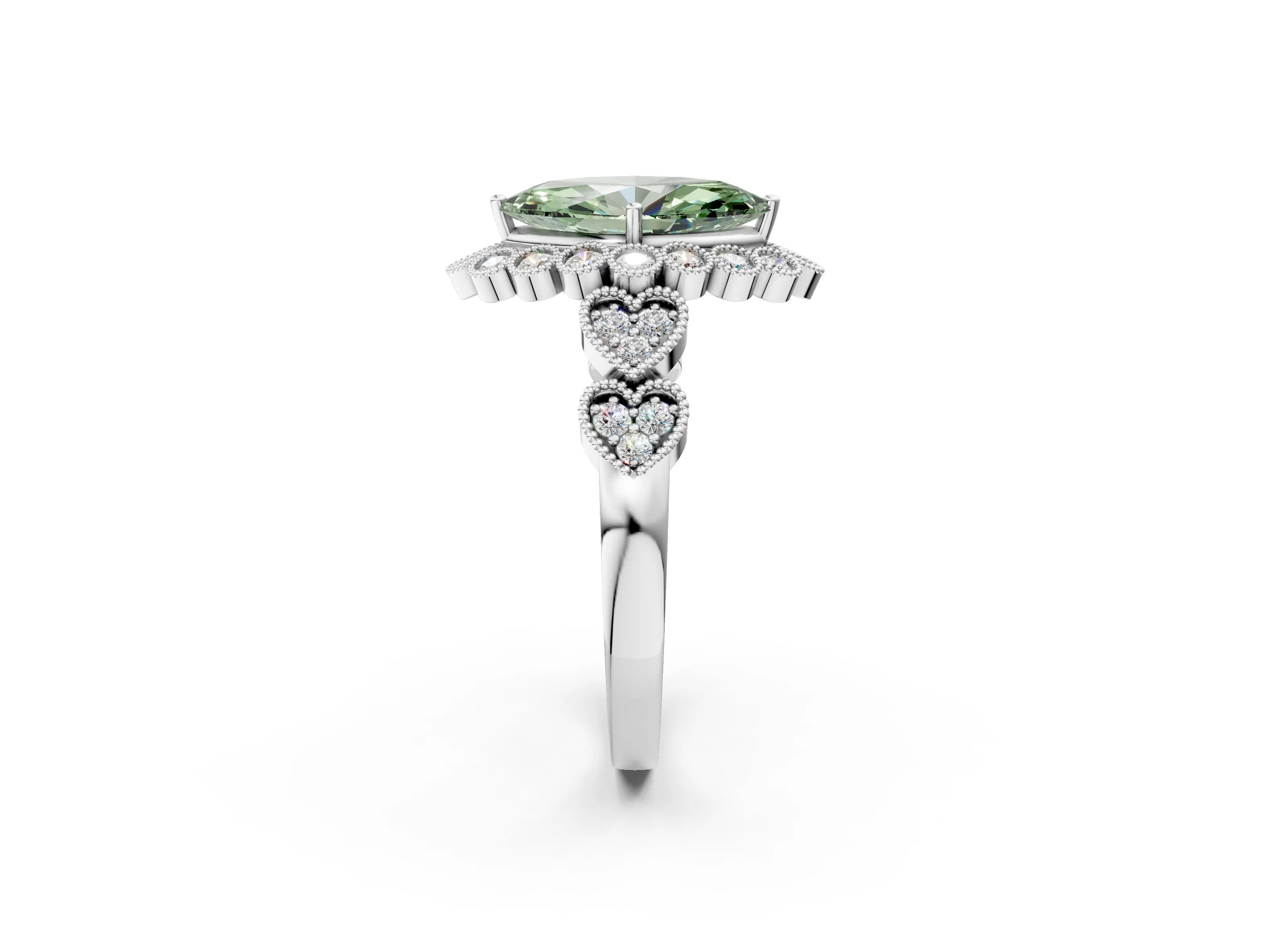 White gold Fancy Green Marquise Cut Brilliant Milgrain Pave Heart Band Solitaire Ring_14