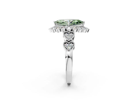 White gold Fancy Green Marquise Cut Brilliant Milgrain Pave Heart Band Solitaire Ring_14