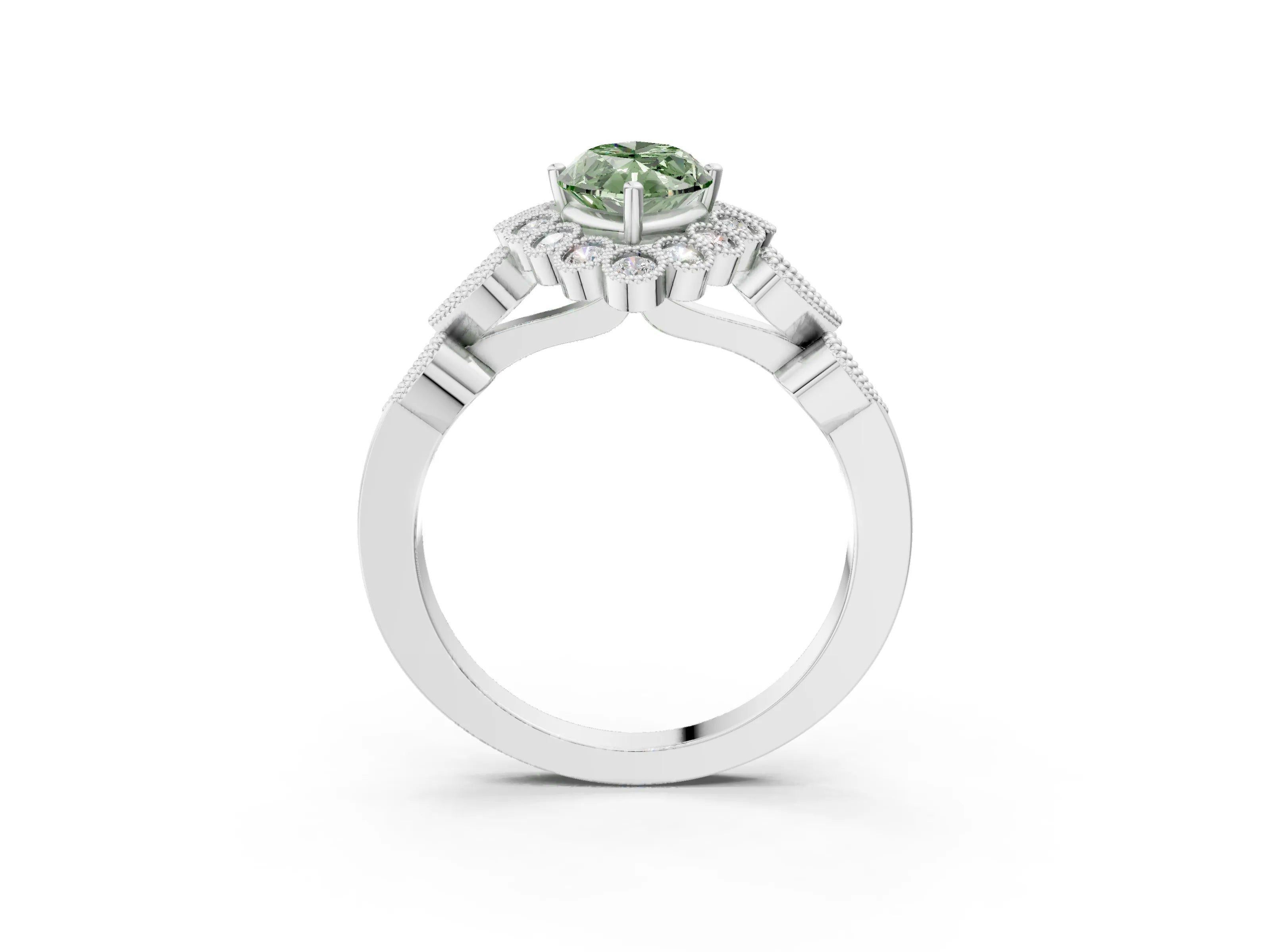 White gold Fancy Green Marquise Cut Brilliant Milgrain Pave Heart Band Solitaire Ring_15