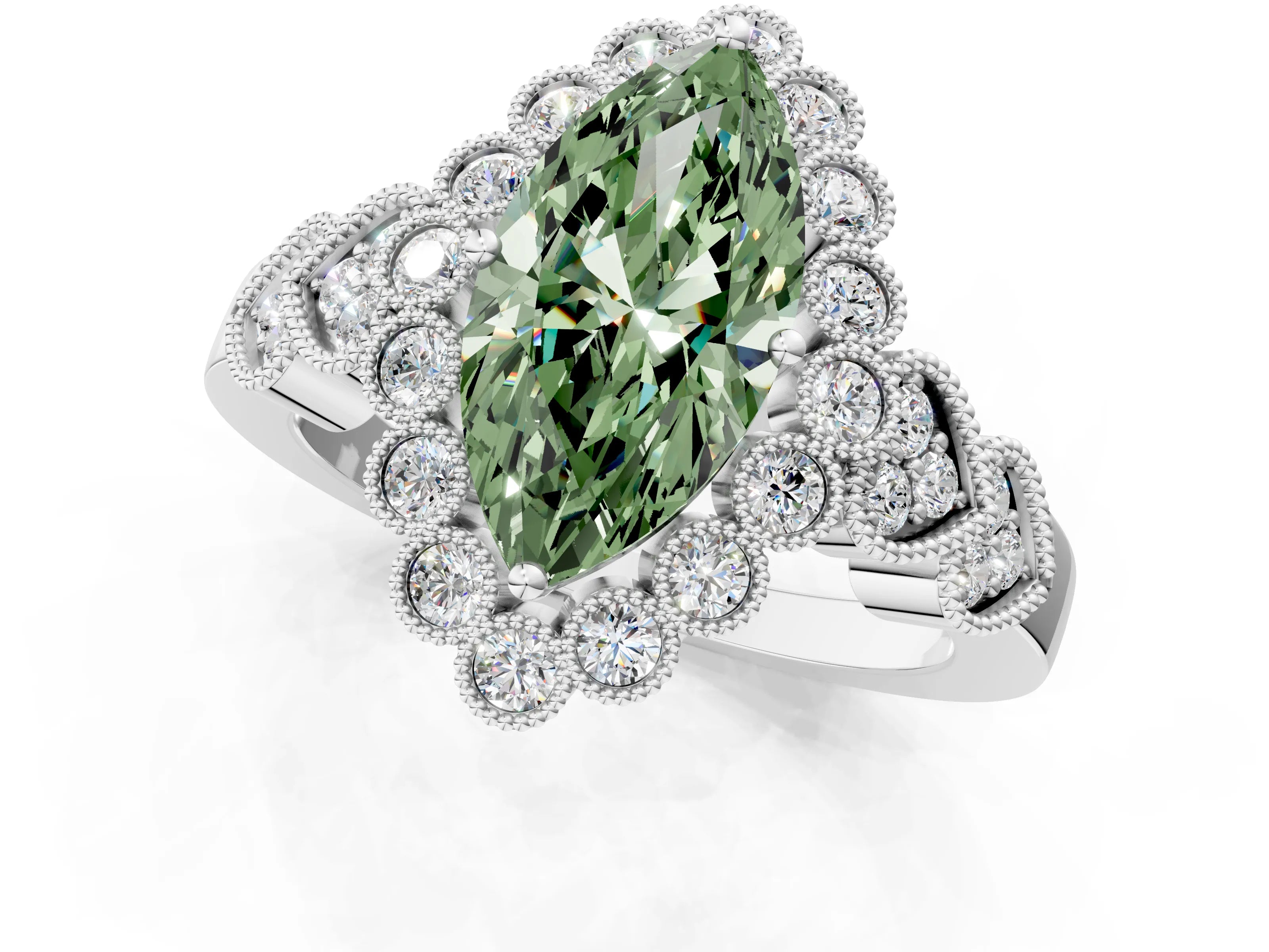 White gold Fancy Green Marquise Cut Brilliant Milgrain Pave Heart Band Solitaire Ring_1
