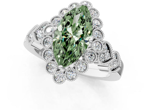 White gold Fancy Green Marquise Cut Brilliant Milgrain Pave Heart Band Solitaire Ring_1