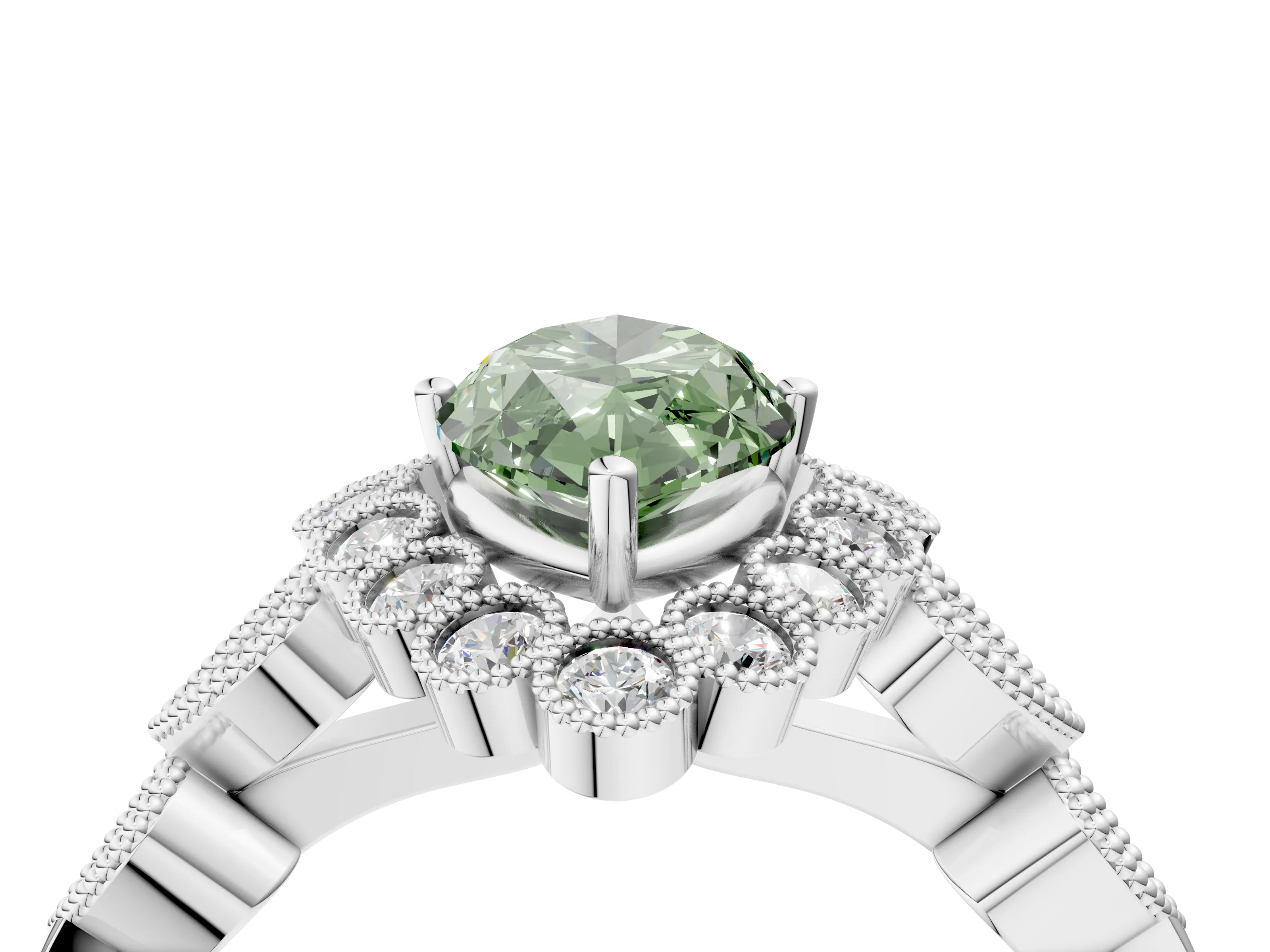 White gold Fancy Green Marquise Cut Brilliant Milgrain Pave Heart Band Solitaire Ring_4