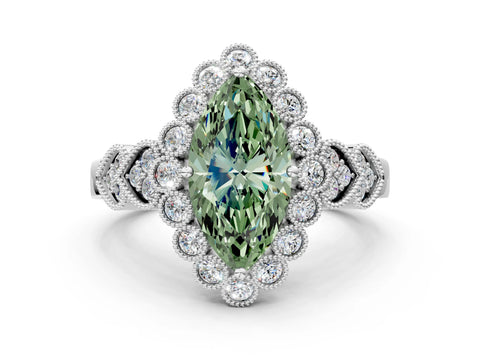 White gold Fancy Green Marquise Cut Brilliant Milgrain Pave Heart Band Solitaire Ring