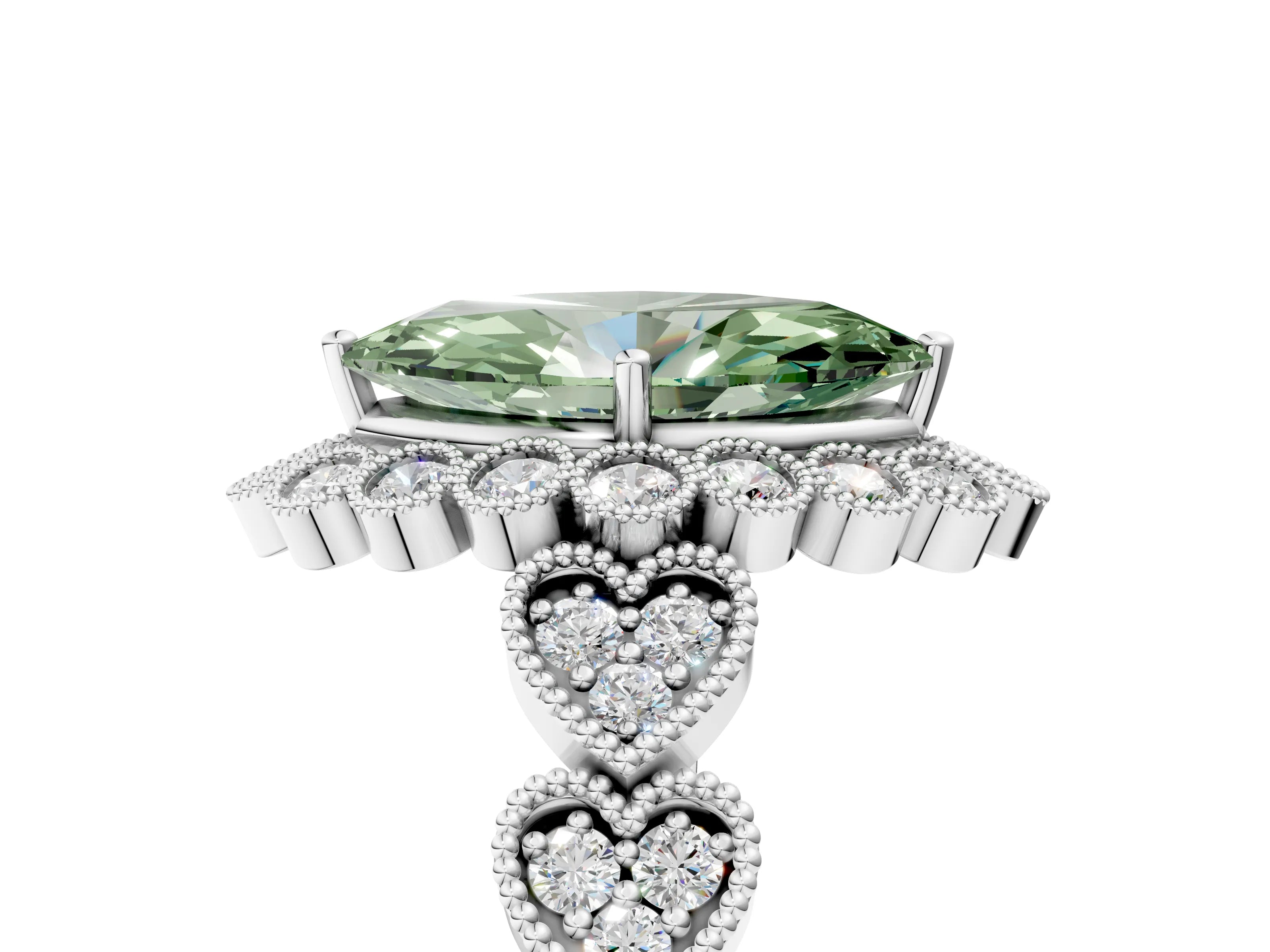 White gold Fancy Green Marquise Cut Brilliant Milgrain Pave Heart Band Solitaire Ring_5