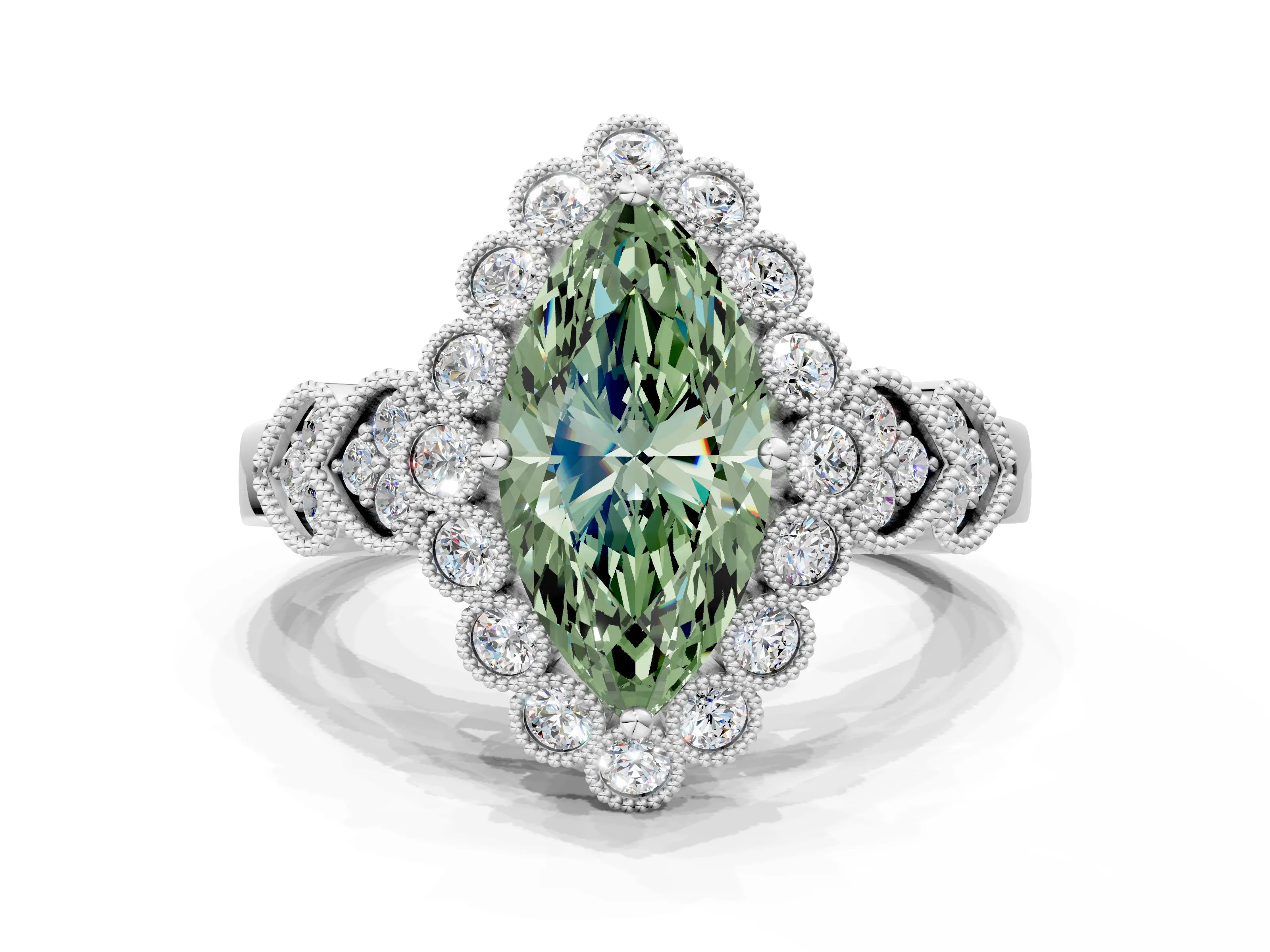 White gold Fancy Green Marquise Cut Brilliant Milgrain Pave Heart Band Solitaire Ring