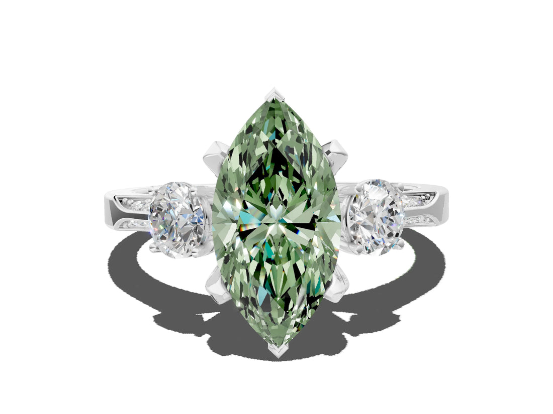White gold Fancy Green Marquise Cut Brilliant Three-Stone Diamond Ring with Pavé Band and Four-Prong Setting_44