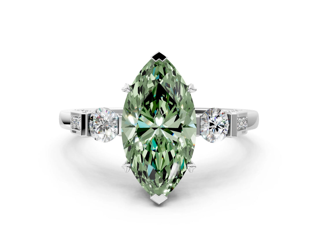 White gold Fancy Green Marquise Cut Brilliant Three-Stone Pave Band with Four-Prong Setting