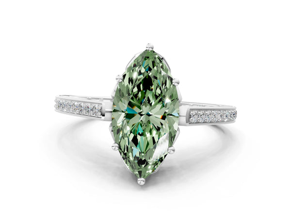 Platinum Fancy Green Marquise  Cut Cathedral Pave Diamond Engagement Ring with Six-Prong Setting