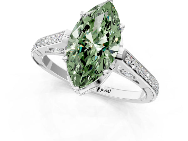 Platinum Fancy Green Marquise  Cut Cathedral Pave Diamond Engagement Ring with Six-Prong Setting