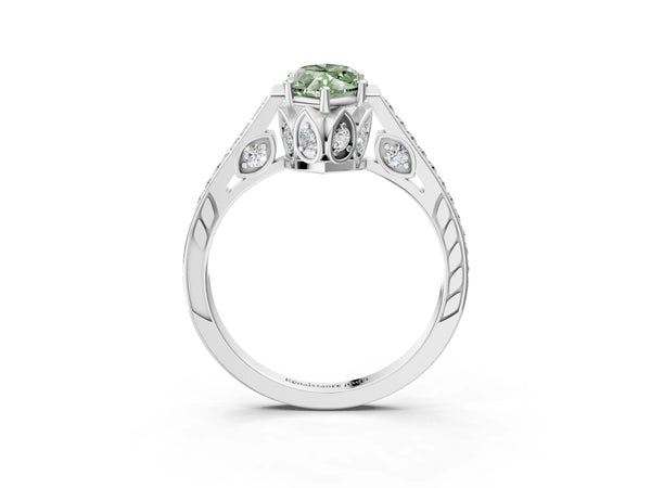 Platinum Fancy Green Marquise  Cut Cathedral Pave Diamond Engagement Ring with Six-Prong Setting