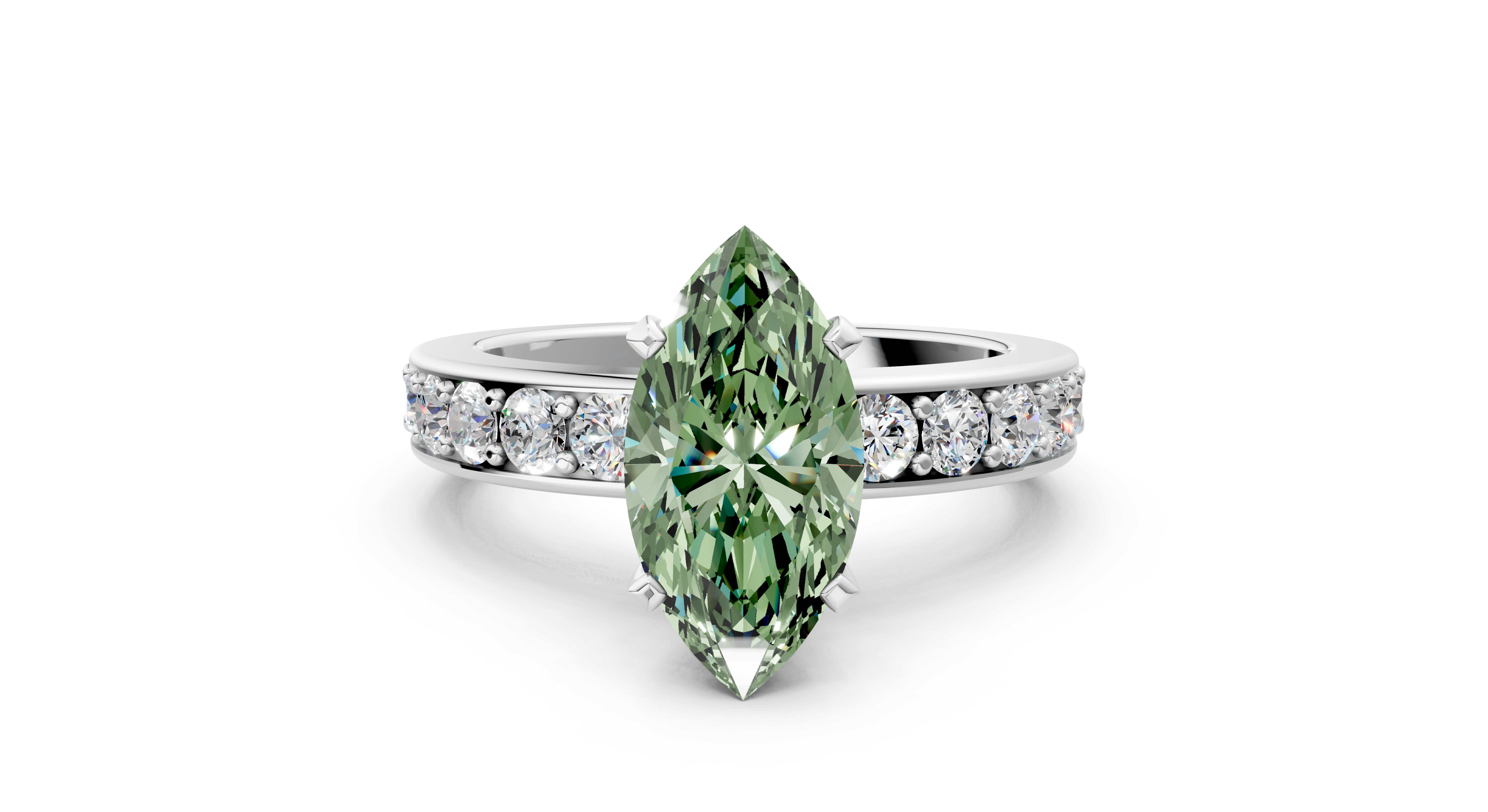 White gold Fancy Green Marquise  Cut Channel Set Diamond Engagement Ring with Four-Prong Setting_288