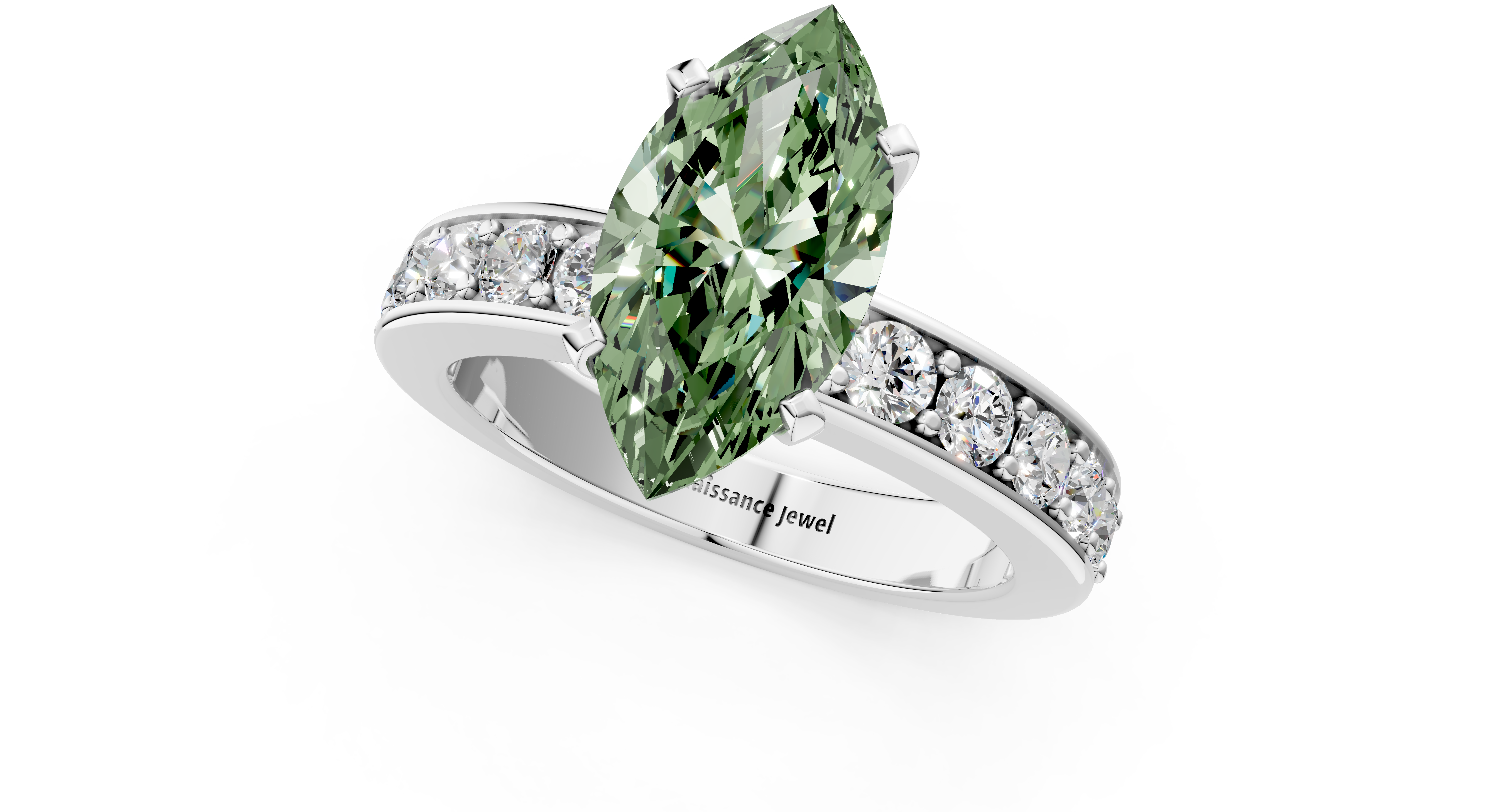 White gold Fancy Green Marquise  Cut Channel Set Diamond Engagement Ring with Four-Prong Setting_293