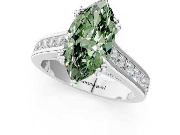 Platinum Fancy Green Marquise  Cut Channel Set Solitaire Engagement Ring with Prong Setting