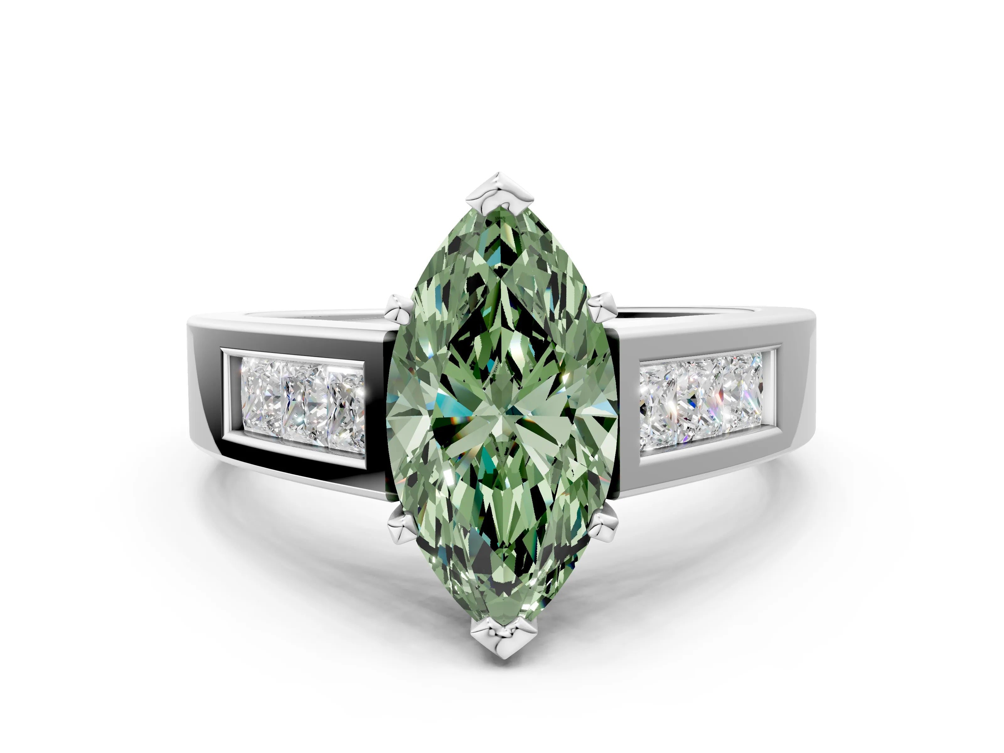 White gold Fancy Green Marquise Cut Cut Channel Set Solitaire Ring with Four-Prong Setting_12
