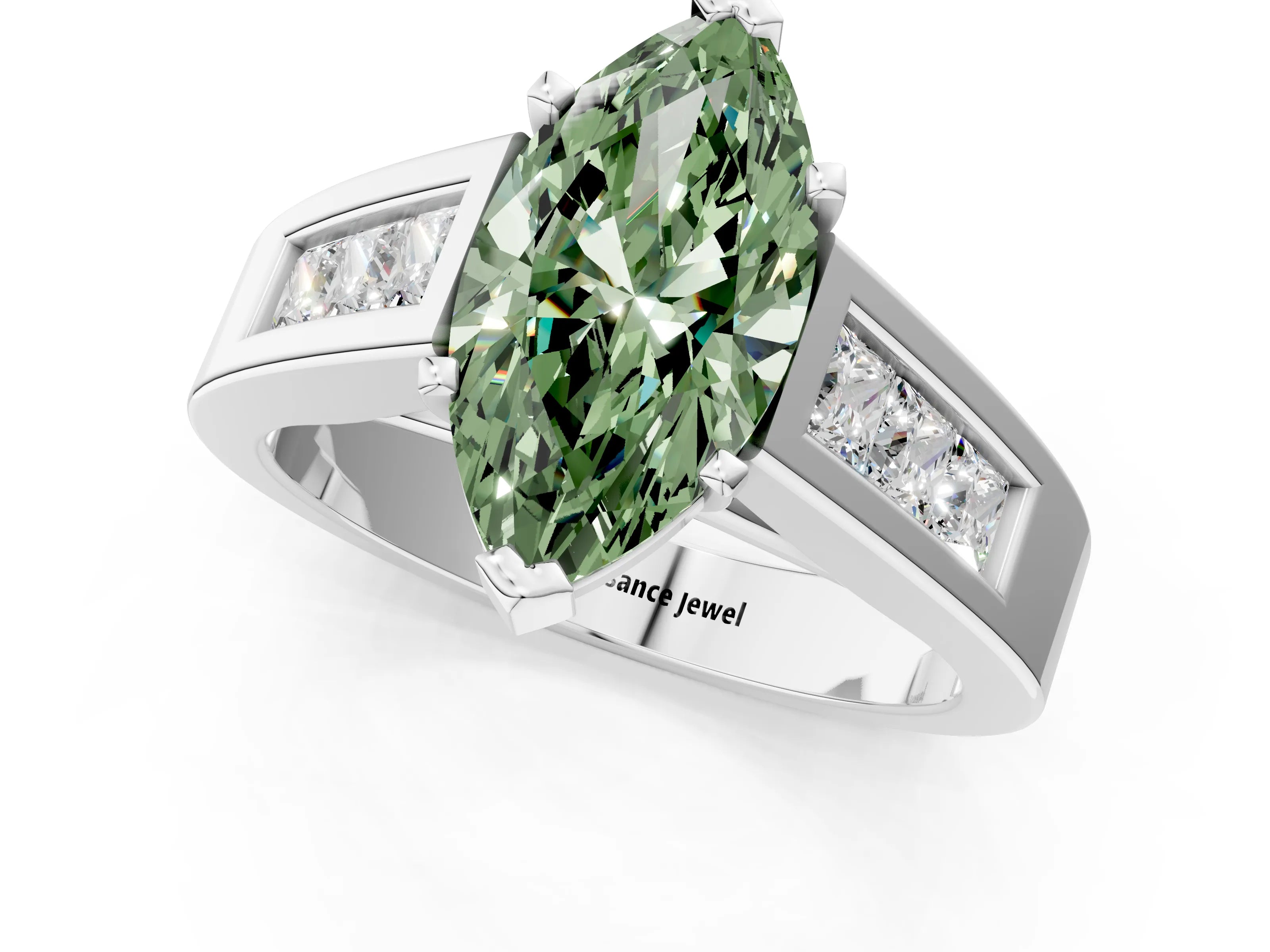 White gold Fancy Green Marquise Cut Cut Channel Set Solitaire Ring with Four-Prong Setting_13